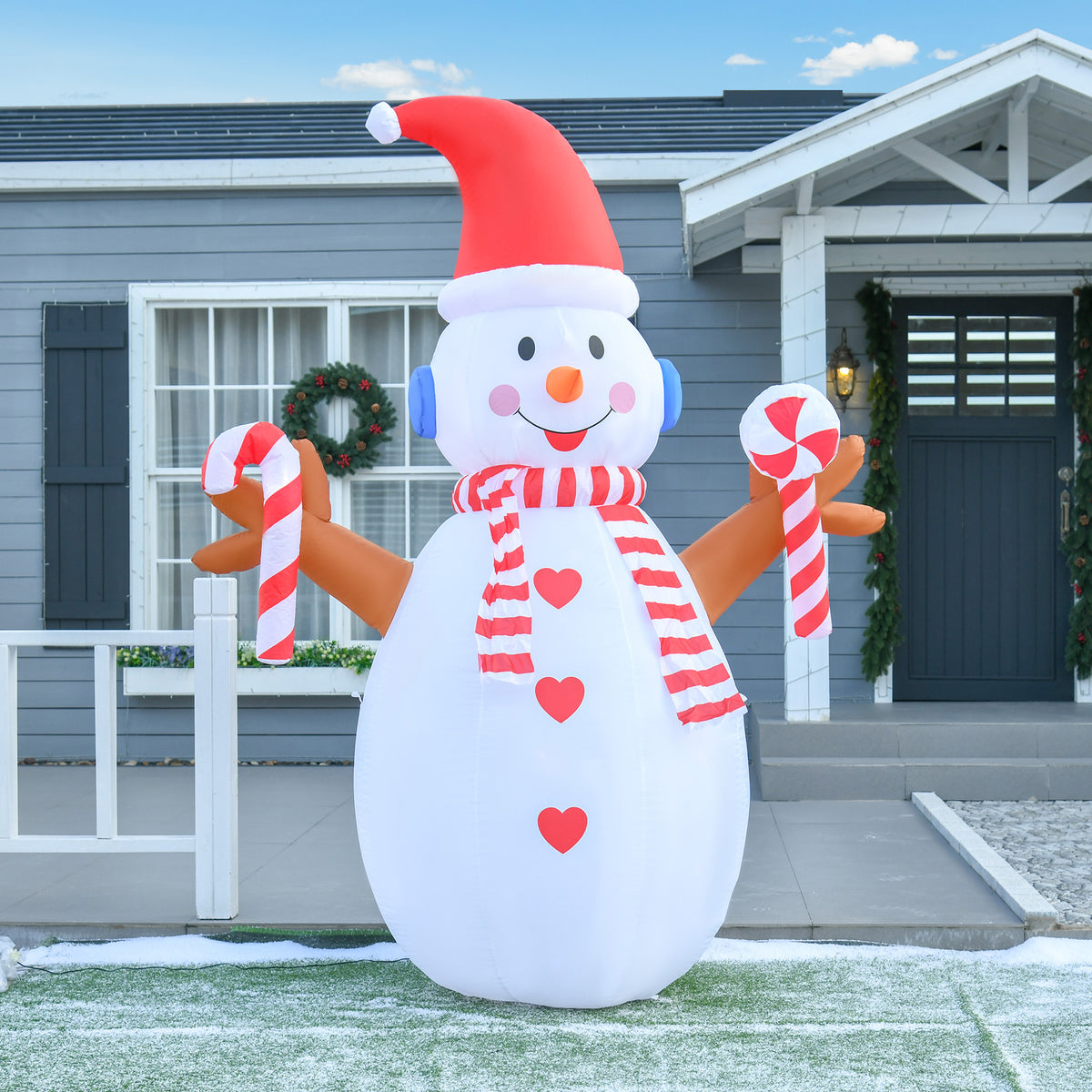 2,4 m aufblasbarer Schneemann mit rotierender Beleuchtung Weihnachtsdeko  für den Innen- und Außenbereich Garten Rasendekoration Party Weiß+Rot 180 x 100 x 240 cm