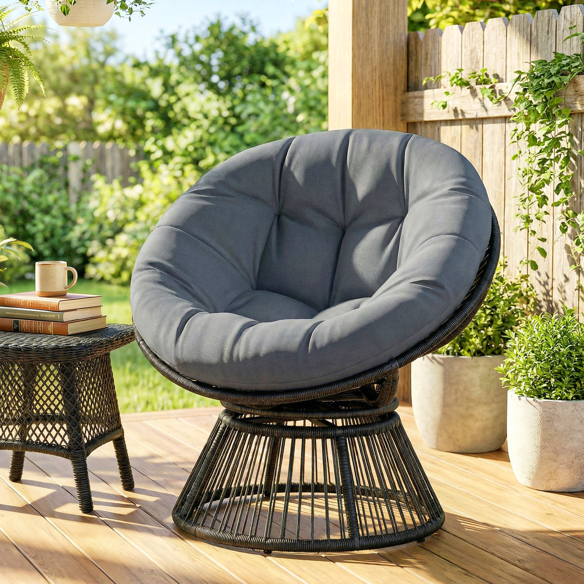 Papasansessel 360° drehbar Korbsessel mit Kissen Stahlrahmen runder Rattansessel Loungesessel Grau