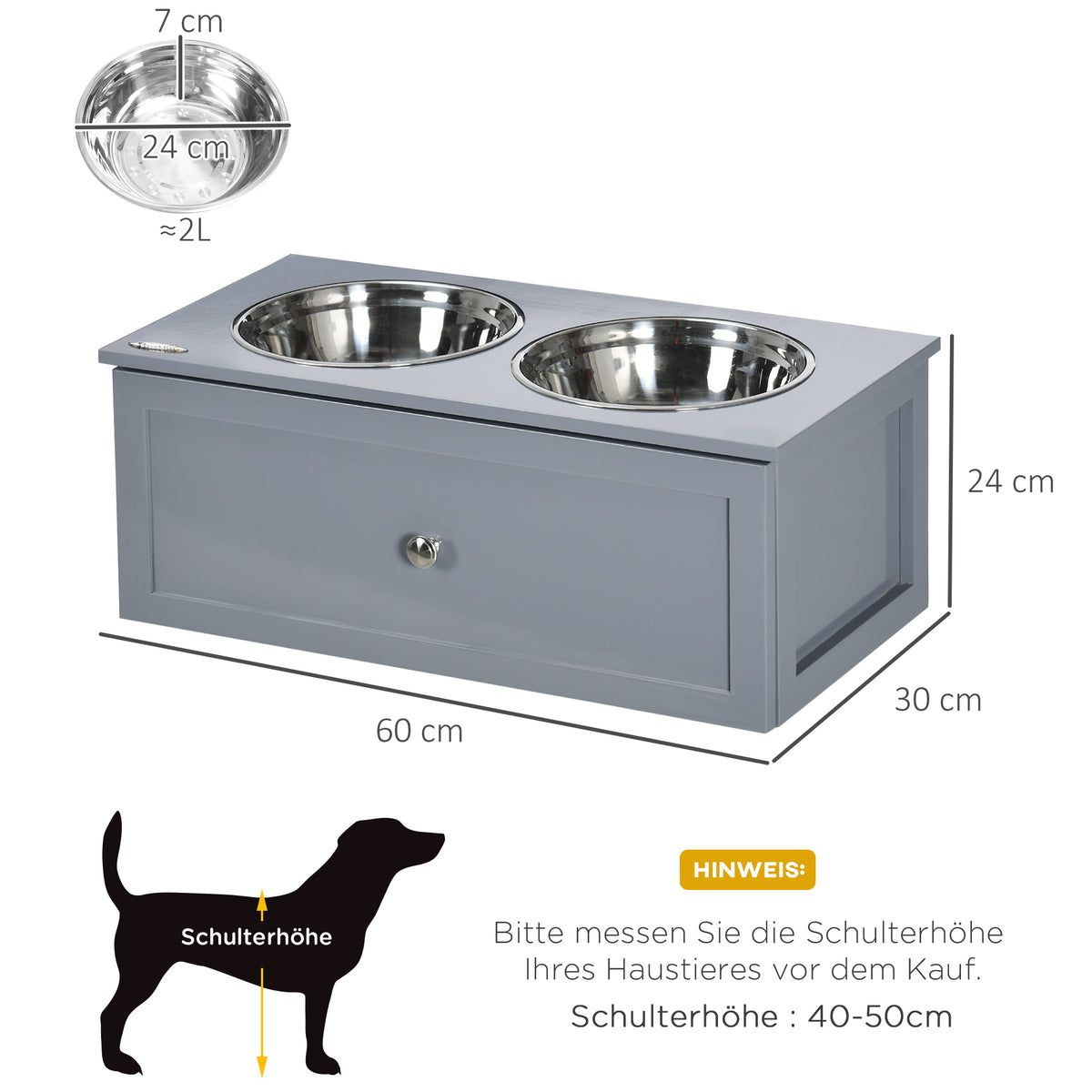 Futterstation, 2 Fressnäpfe je 2 Liter, Edelstahl, mit Schublade, für mittlere Hunde, grau, 60 x 30 x 24cm