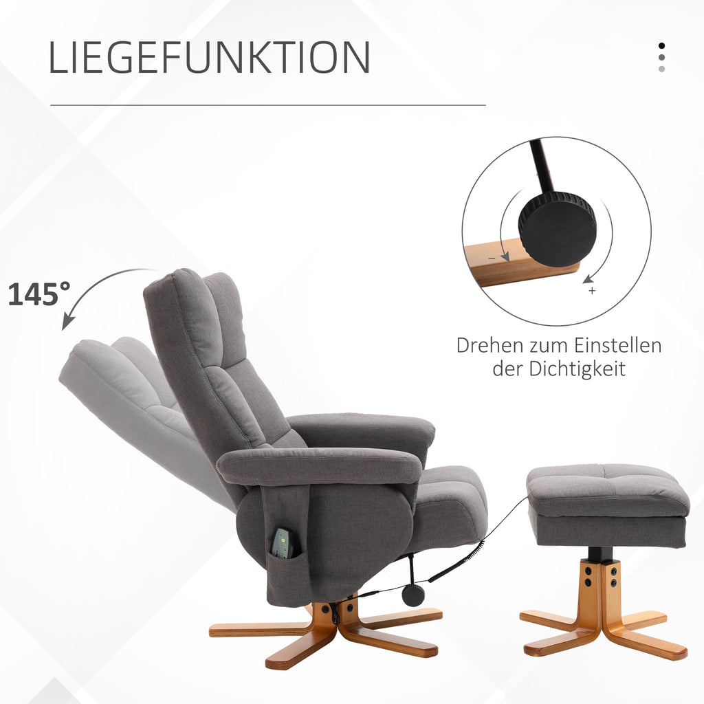 Relaxsessel mit Hocker, 360°drehbarer Fernsehsessel mit Massage, Liegefunktion, Massagesessel mit Seitentasche, TV-Sessel, Polyester für Wohnzimmer Dunkelgrau