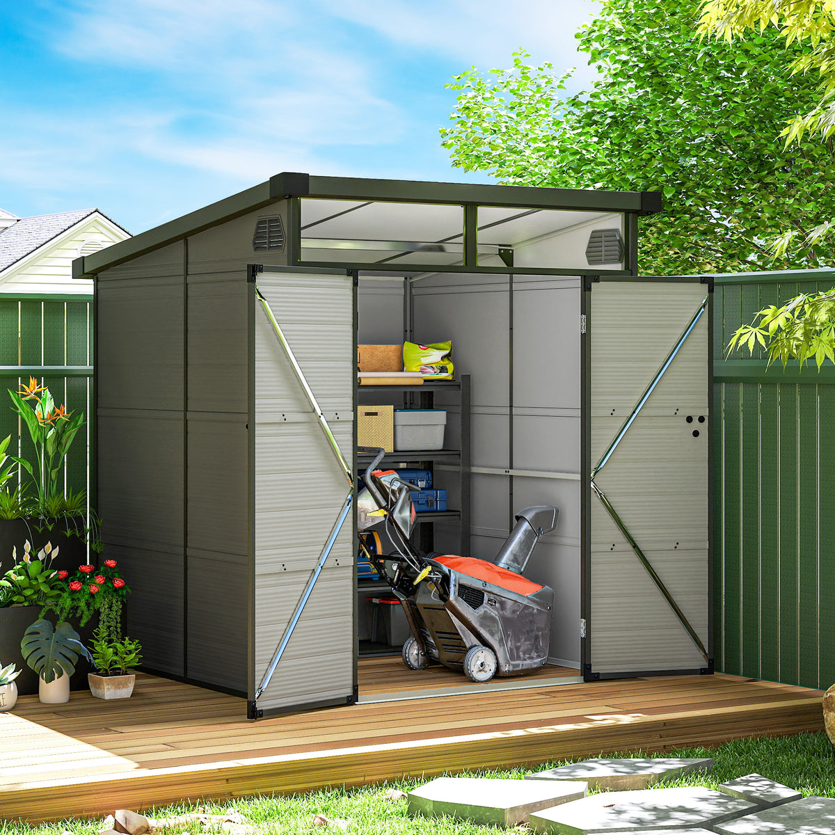  6 x 6ft Outdoor Storage Shed, Plastic Garden Shed with Windows and Air Vents, Outdoor Resin Tool Shed with Latch Doors for Garden, Deck, Light Grey