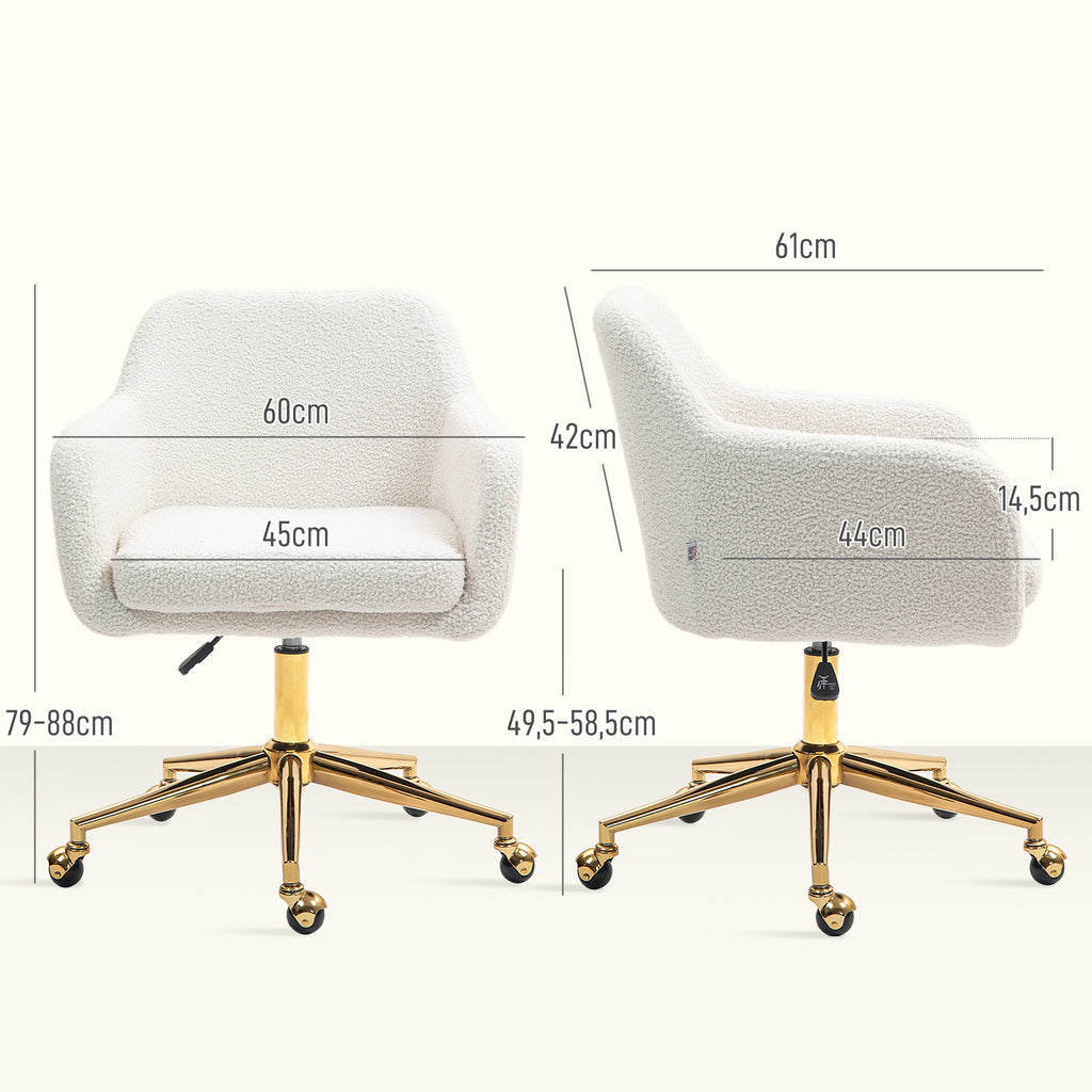 Homeoffice-Stuhl, h?henverstellbarer B¨¹rostuhl mit Rollen, Samtartiger Bezug, Metallbasis, Cremewei?