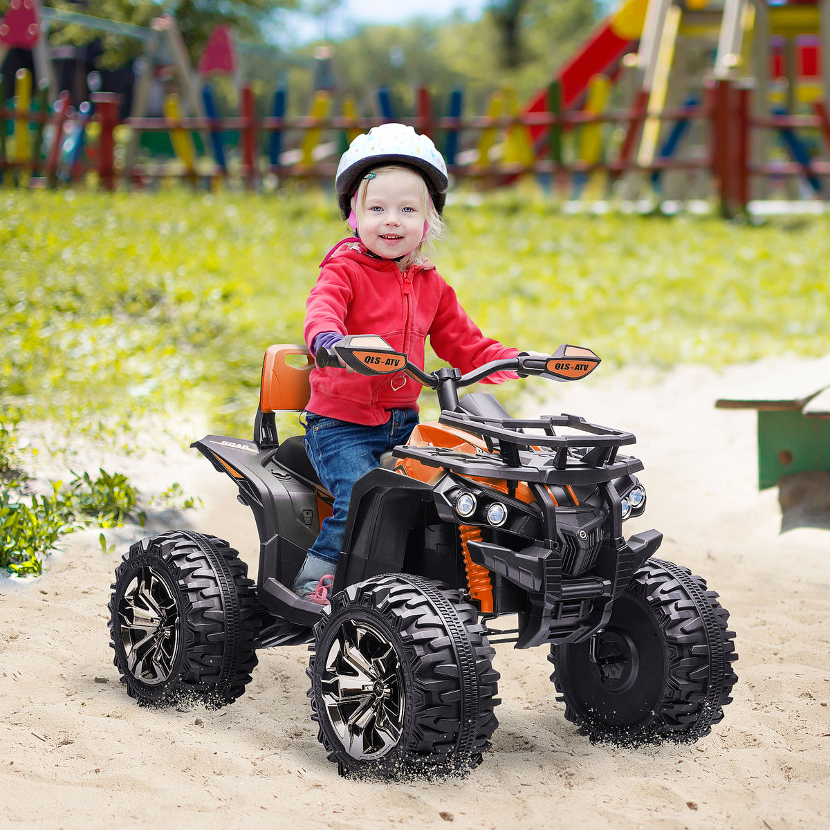 12V Kinderfahrzeug mit Vorwärts-, Rückwärtsfunktion, MP3-Musikplayer, Scheinwerfer, 3-8 km/h, 3-5 Jahre, Orange