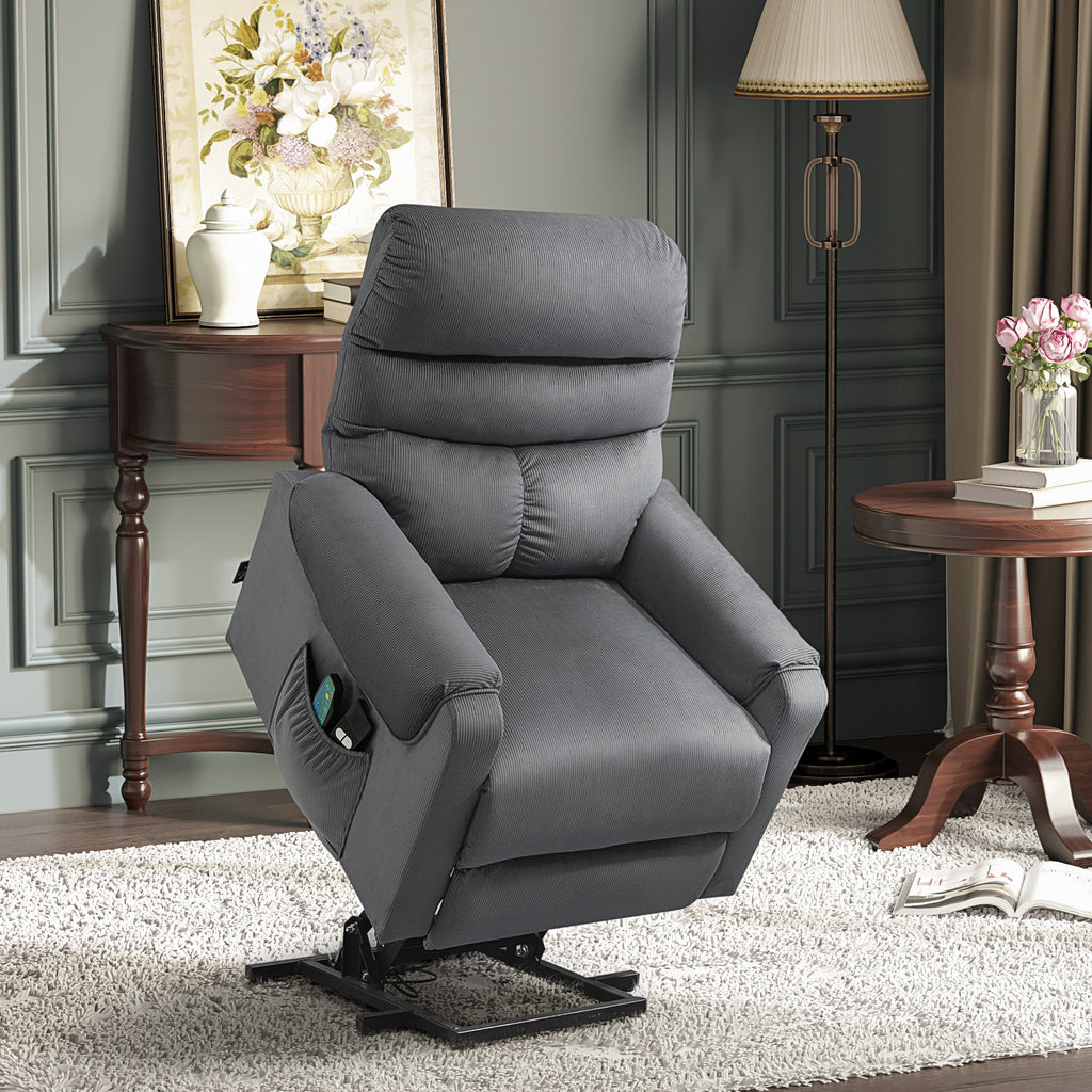 Fernsehsessel mit Aufstehhilfe Elektrisch, Massagesessel mit Liegefunktion und W?rmefunktion, Relaxsessel mit Fernbedienung und Seitentasche Verstellbar Polyester-Gewebe Dunkelgrau