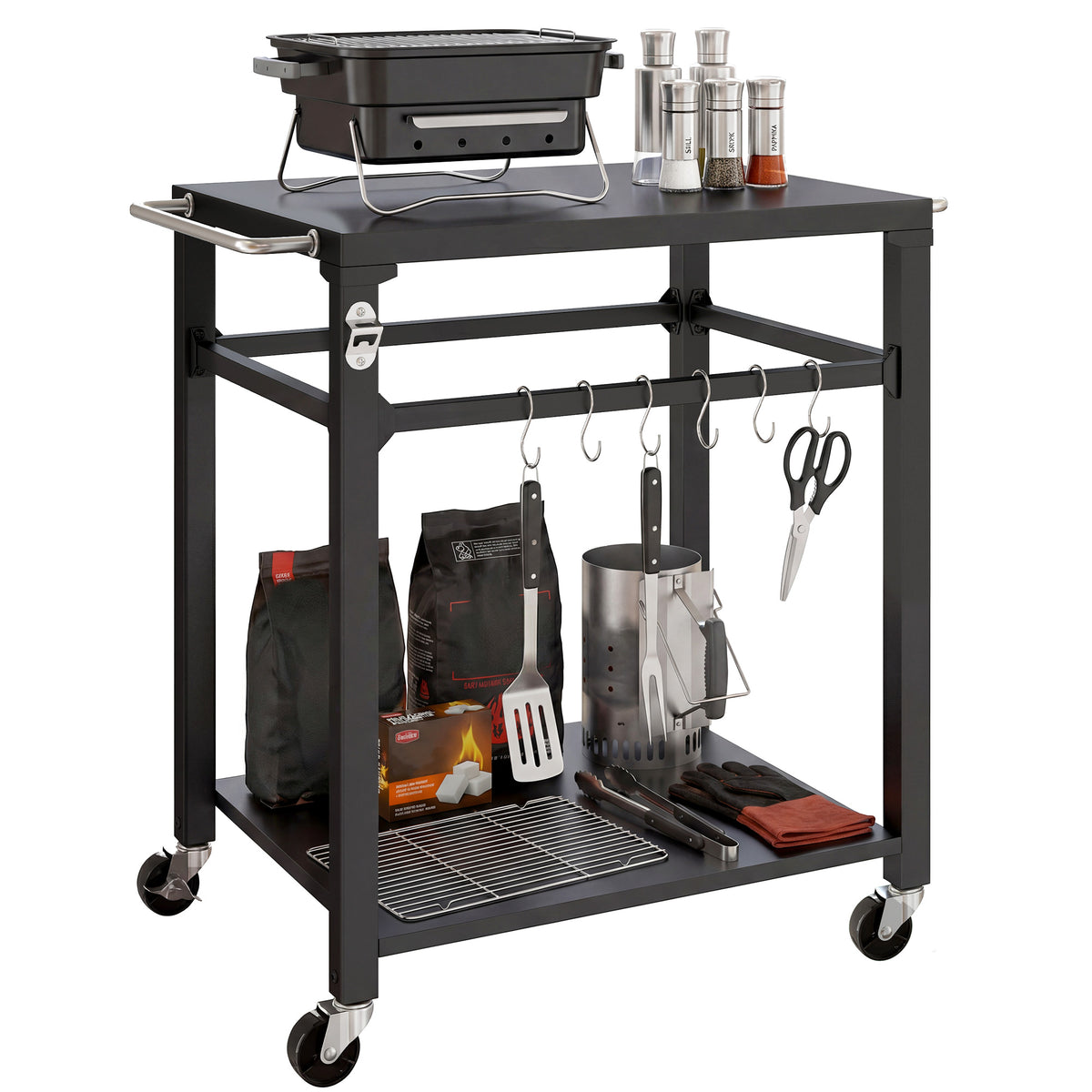 Outdoor-Grillwagen, Pizzaofen-Stand mit Metalloberfläche, 2-stufige rollende Küchenstation mit Haken und Griff, Schwarz