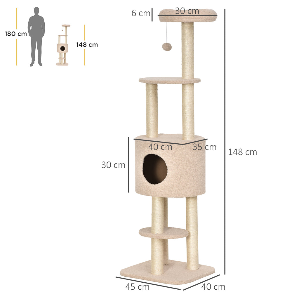 Kratzbaum 148 cm hoch Katzenbaum mit Höhle, 4 Spielzeuge, Sisalstämme, große Plattform, mehrstöckig für Katzen bis 5 kg