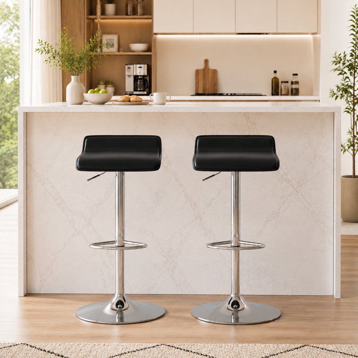 Barhocker 360° Drehbar Barstuhl mit Silber-Stahlgestell, Höhenverstellbar Küchenstuhl mit Fußstütze, Schwarz