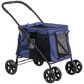 Dog Pram Dog Stroller 4 Wheels Pet Pushchair with Rolling Door, Cushion, Safety Leashes, for Small and Medium Breeds, Dark Blue