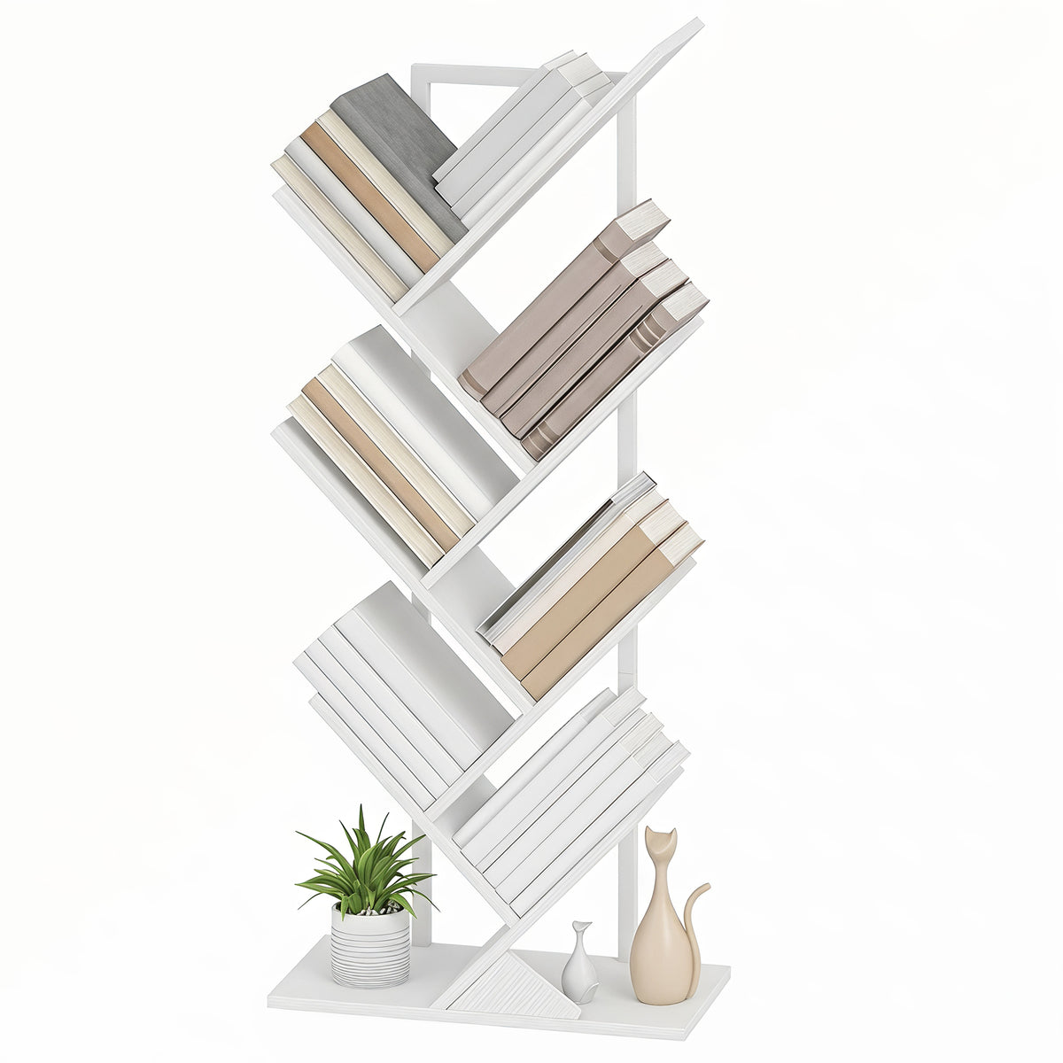 Bücherregal Standregal mit 7 Ebenen Schmal Regal im Baumform für Büro, Rustikal Weiß