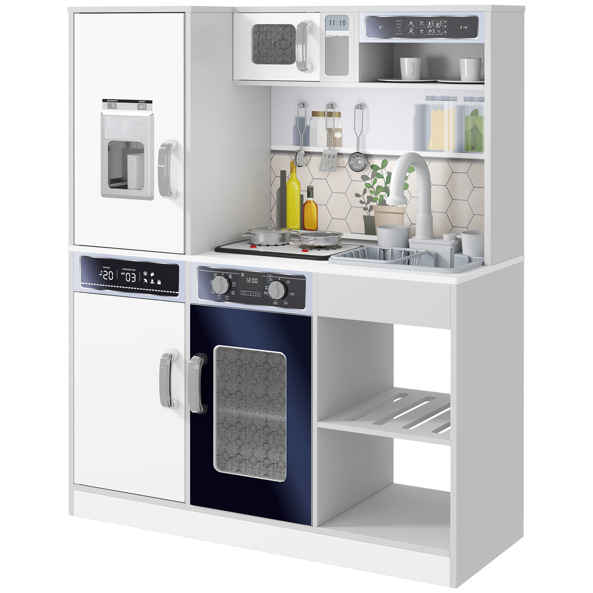 Pretend Play Toy Kitchen, Kids Kitchen Playset w/ Sounds, Lights, Running Water, Coffee Maker, Refrigerator