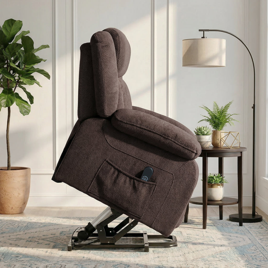 Aufstehsessel mit weichem Bezug, Recliner-Sessel mit Fernbedienung und Seitentaschen, Braun