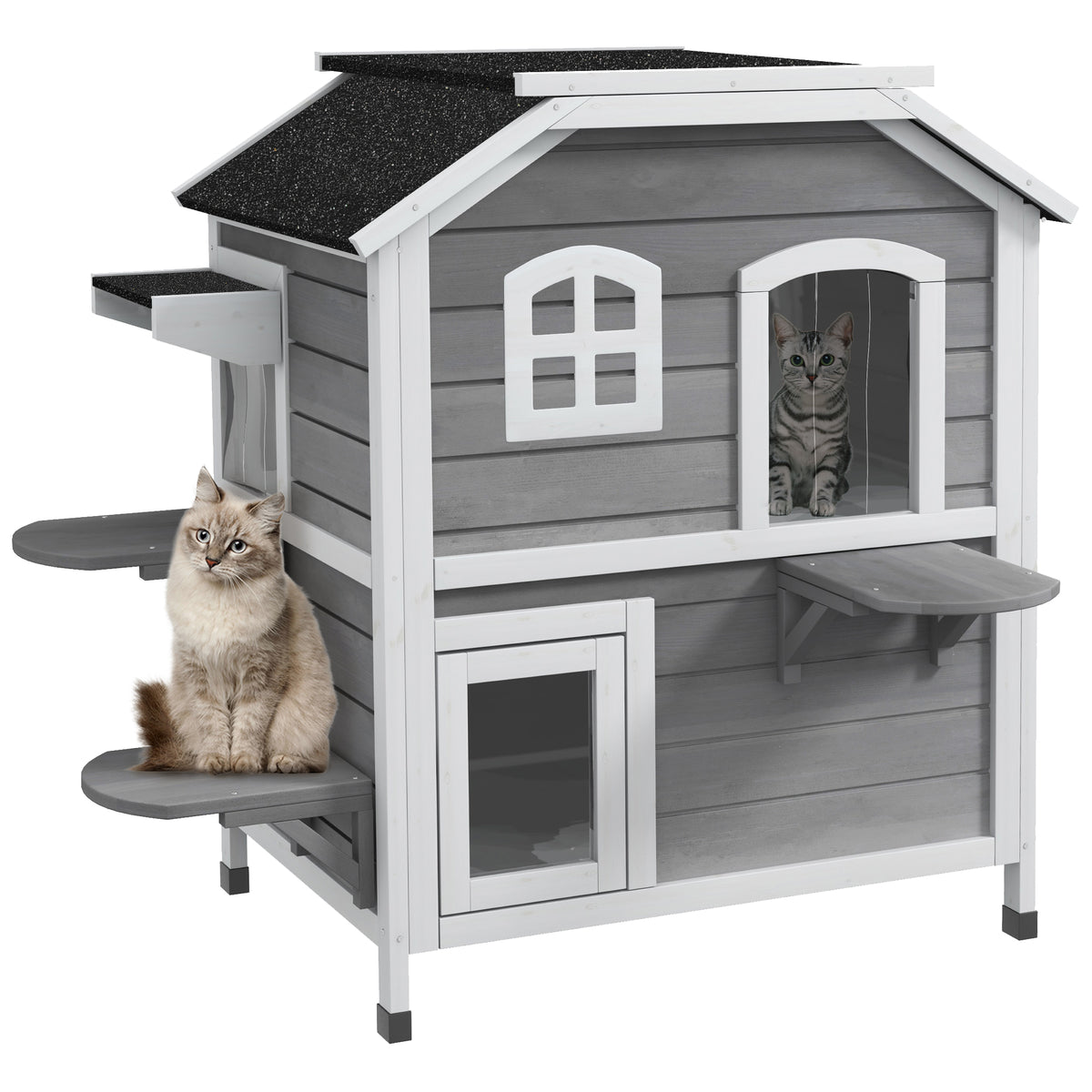 2-story Cat House Outdoor, Weatherproof Wooden Cat Enclosure with Escape Door, Openable Roof, Jumping Platforms, Grey