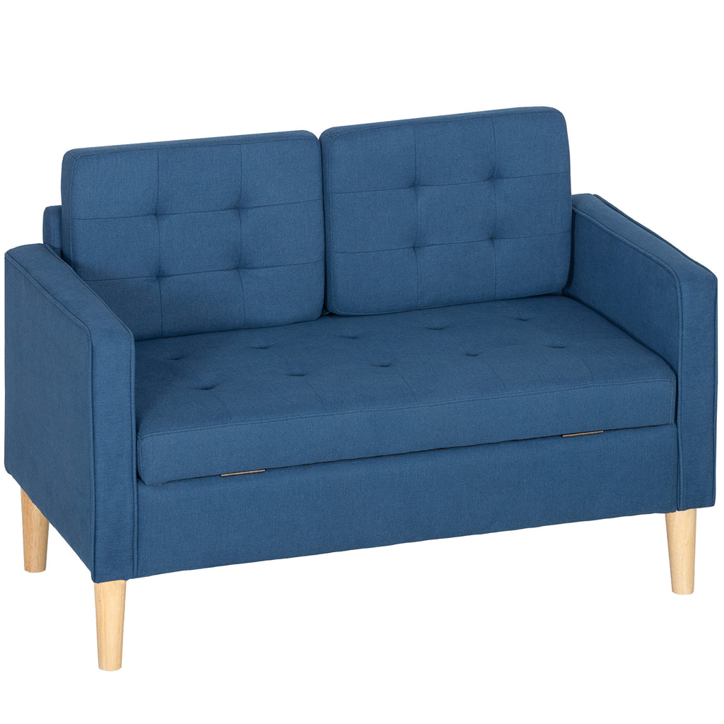 Zweisitzer-Sofa mit Stauraum, Knopfheftung, Kissen, Kautschukbaumholz, 117x62x78cm, Blau
