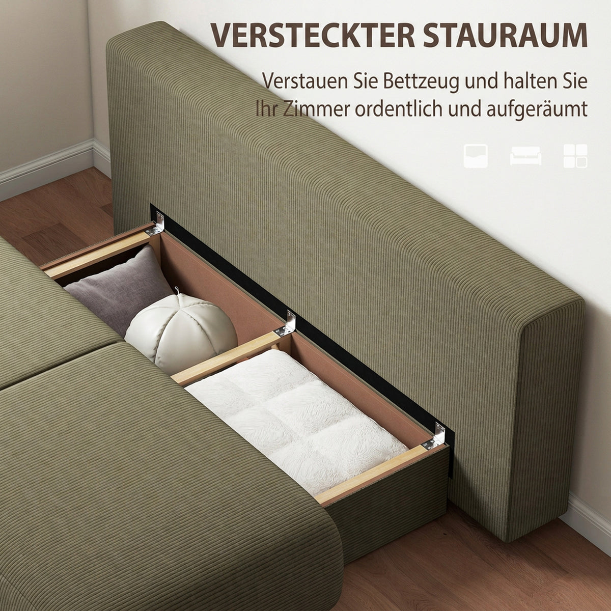 Schlafsofa mit verstellbarer Rückenlehne, Bettfunktion, verstecktem Stauraum und Cordbezug, Dunkelgrün