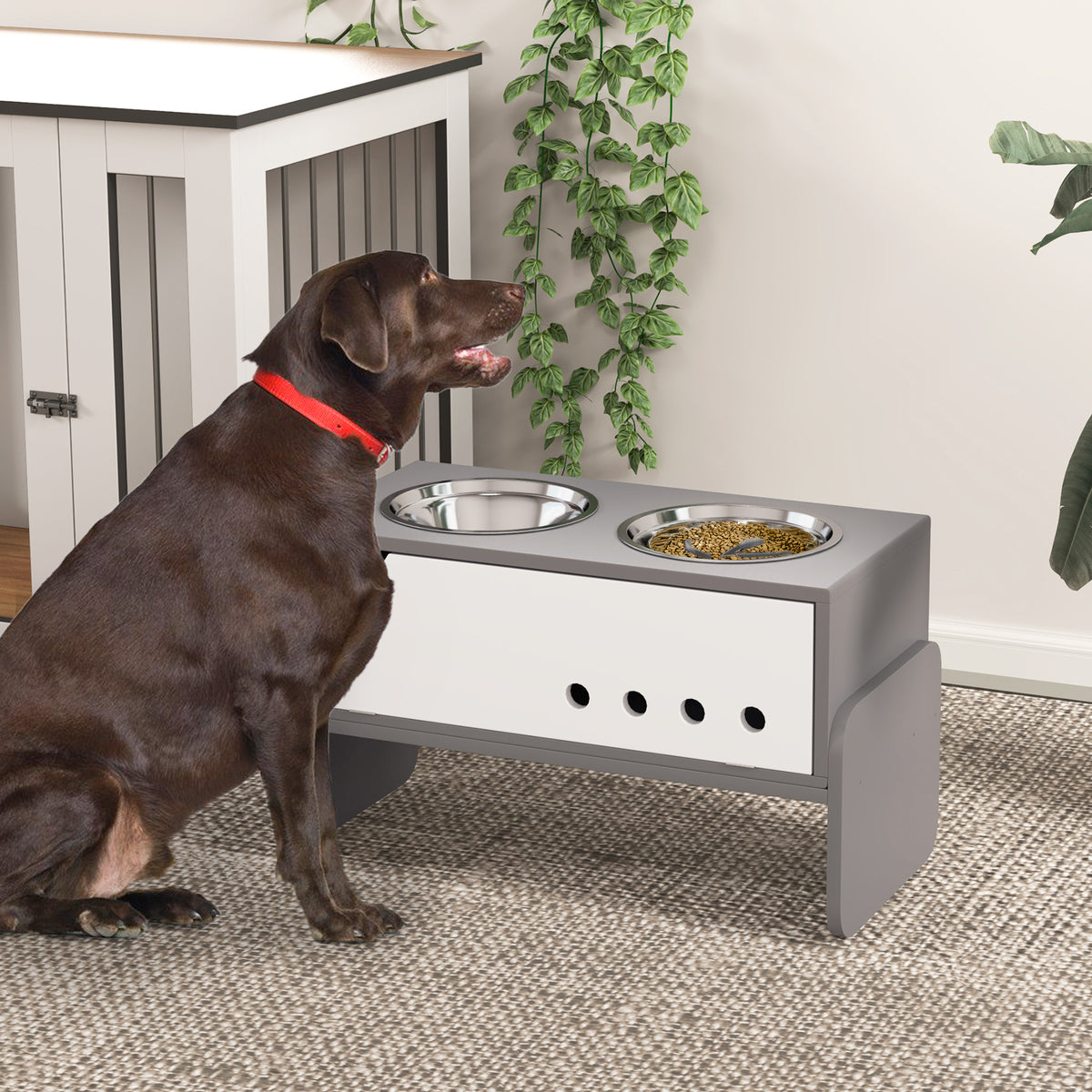 3 Height Adjustable Raised Dog Bowls, Dog Feeding Storage Station w/ Slow Feeder Mat, 2 Stainless Steel Bowls
