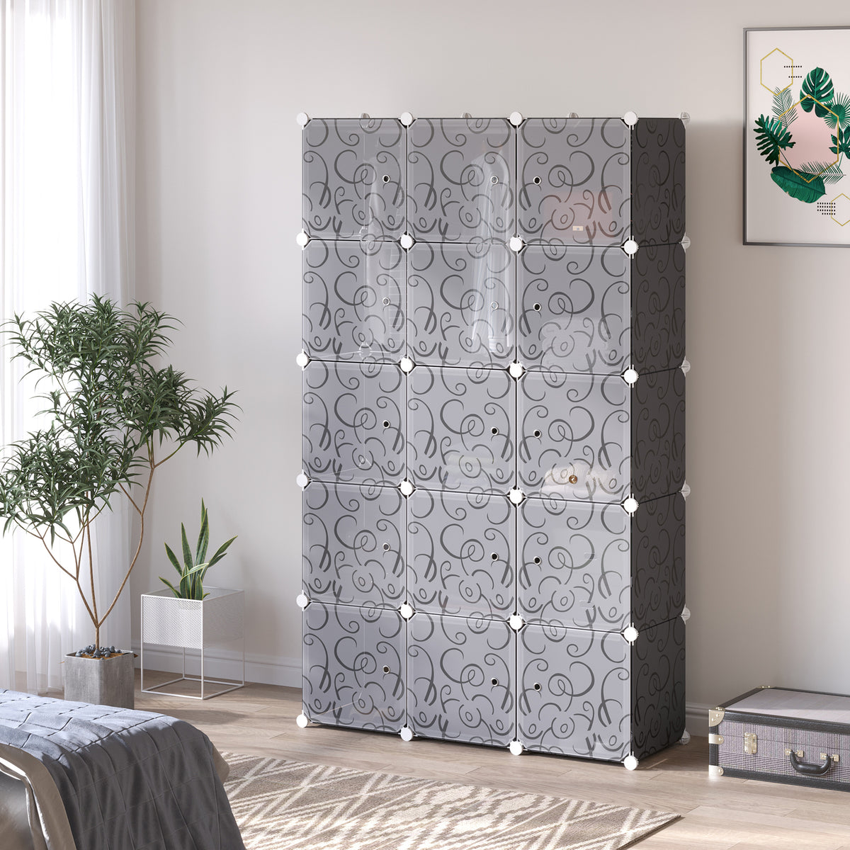 Portable Wardrobe for Bedroom, 15 Cube Closet with Hanging Rail, Modular Storage Cabinet, Plastic Armoire for Space Saving, White and Black