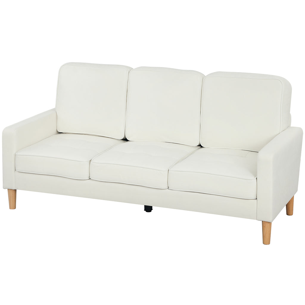 3-Sitzer-Sofa mit dicken Kissen, Kautschukholz, Stoffbezug, Polstersofa f¨¹r Wohnzimmer, B¨¹ro, Schlafzimmer, Cremewei?