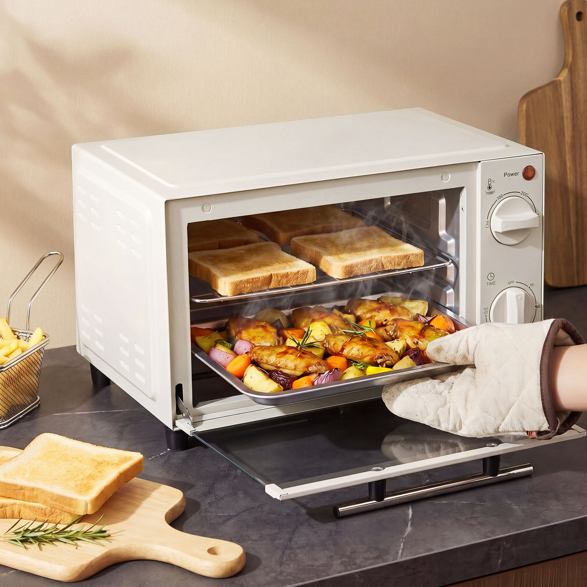 Minibackofen, 9 L Mini-Ofen mit Backblech, Grillrost, mit einstellbarer Temperatur und Garzeit, Edelstahl, Cremewei?