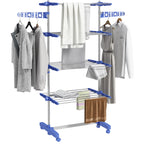 Four-Shelf Collapsing Clothes Horse, With Side Arms and Wheels - Blue