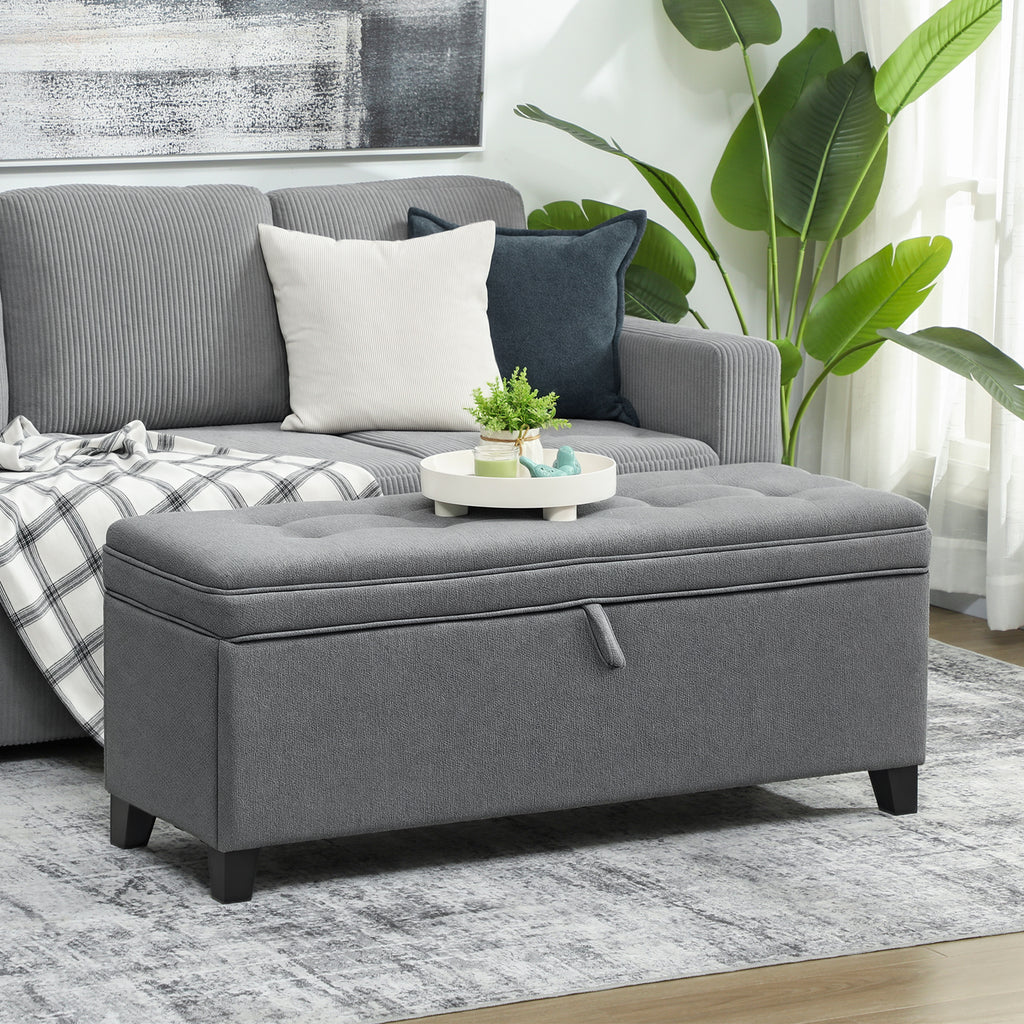 Sitzbank mit Stauraum, Polsterbank 120x40x48 cm mit Sicherheits-Scharniern, Leinenoptik, Dunkelgrau