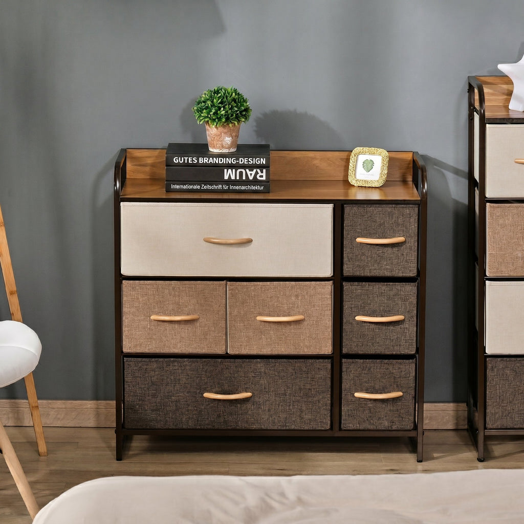 Kommode Schrank mit 7 Schubladen aus Leinen Schubladenschrank mit Metallrahmen für Wohnzimmer, 80x29x78,5 cm