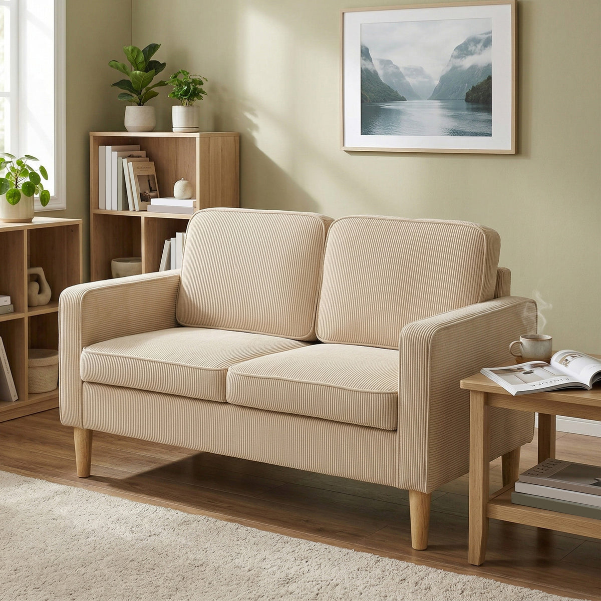 Sofa 2 Sitzer Couch mit 2 Wurfkissen, Stauraum Massivholzfüßen Kleine Modern Loveseat Corduroy 117 x 63 x 79 cm Beige