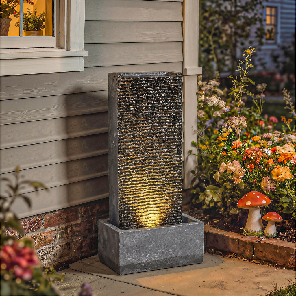 Springbrunnen 2-stufig Gartenbrunnen mit LED Beleuchtung Pumpe Granitoptik 37,5 x 22 x 80 cm