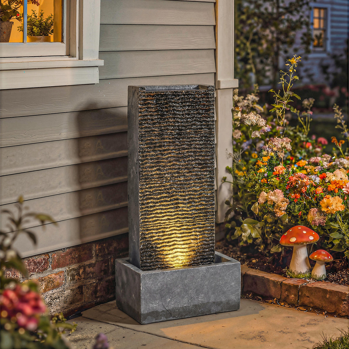 Springbrunnen 2-stufig Gartenbrunnen mit LED Beleuchtung Pumpe Granitoptik 37,5 x 22 x 80 cm