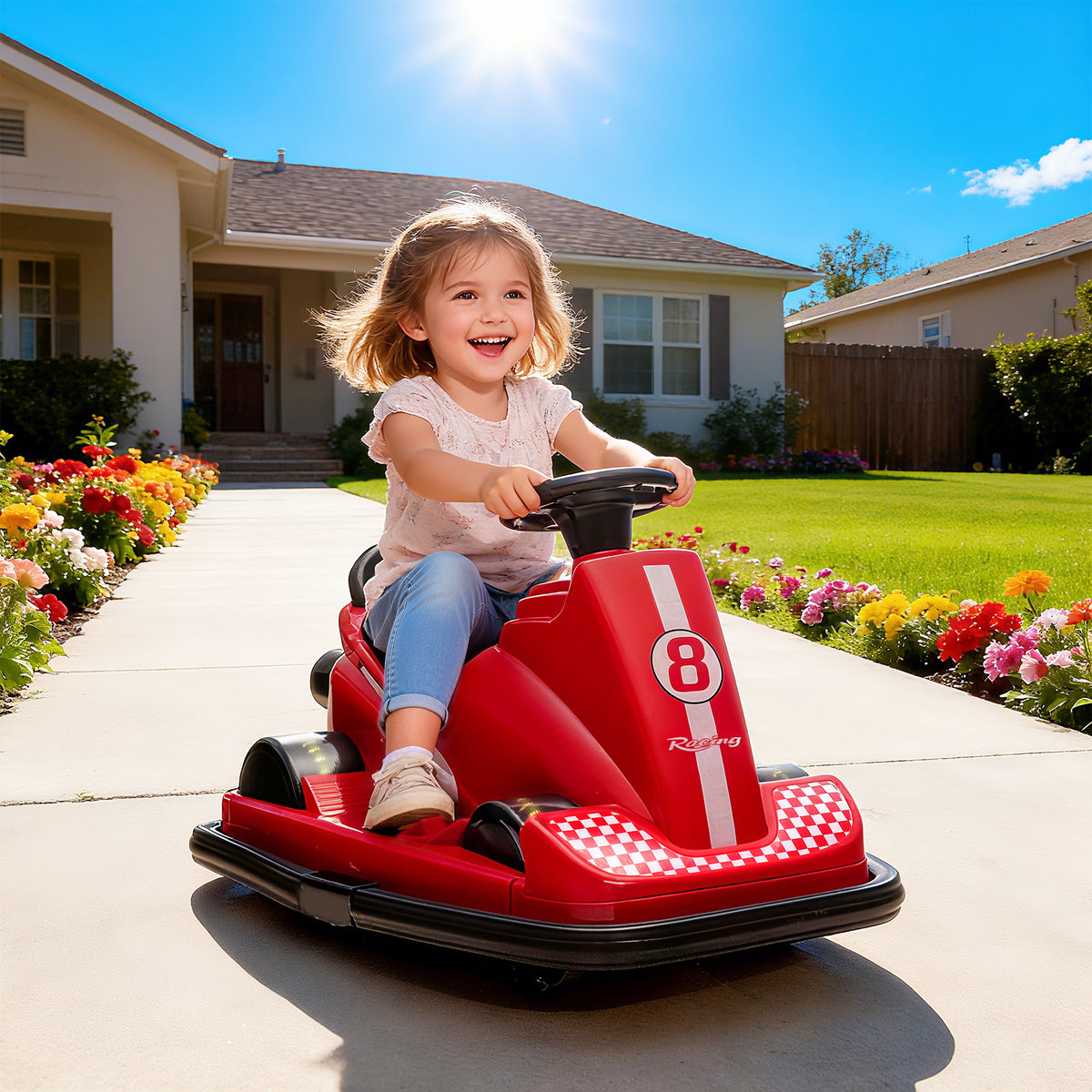 Autoscooter für Kinder, um 360 Grad drehbar, Lenkrad, LED-Lichter, Musikfunktion, 3-8 Jahre, Rot