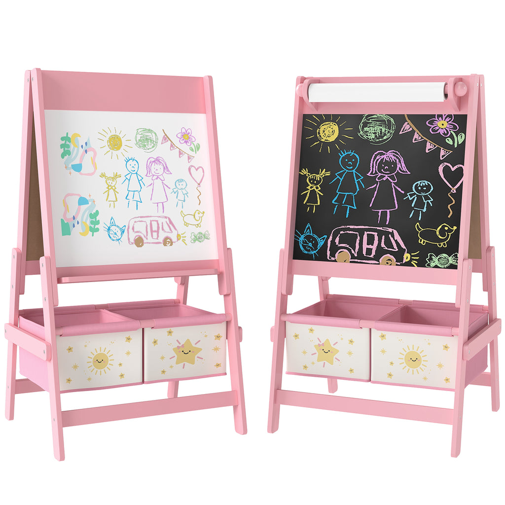 Art Easel for Kids, Double-Sided Whiteboard/Blackboard with Paper Roll, Two Storage Boxes, for Ages 3-8 Years, Pink