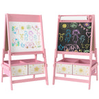 Art Easel for Kids, Double-Sided Whiteboard/Blackboard with Paper Roll, Two Storage Boxes, for Ages 3-8 Years, Pink