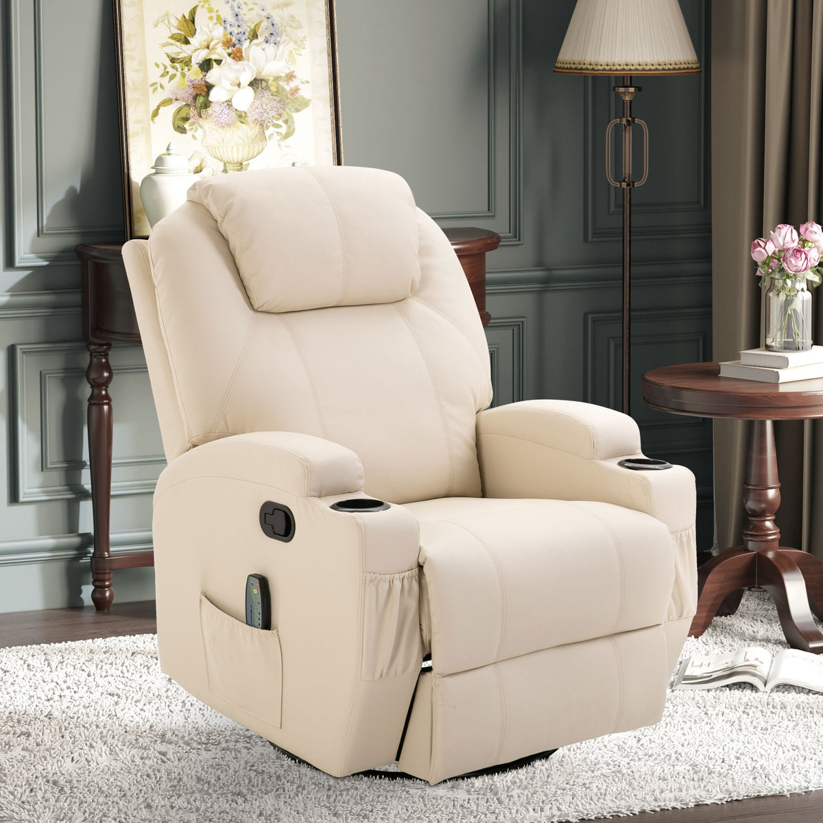 Relaxsessel Massagesessel Fernsehsessel mit Liegefunktion Vibration Fußteil Seitentasche, TV Sessel Liegesessel Ruhesessel für Wohnzimmer, Cremeweiß