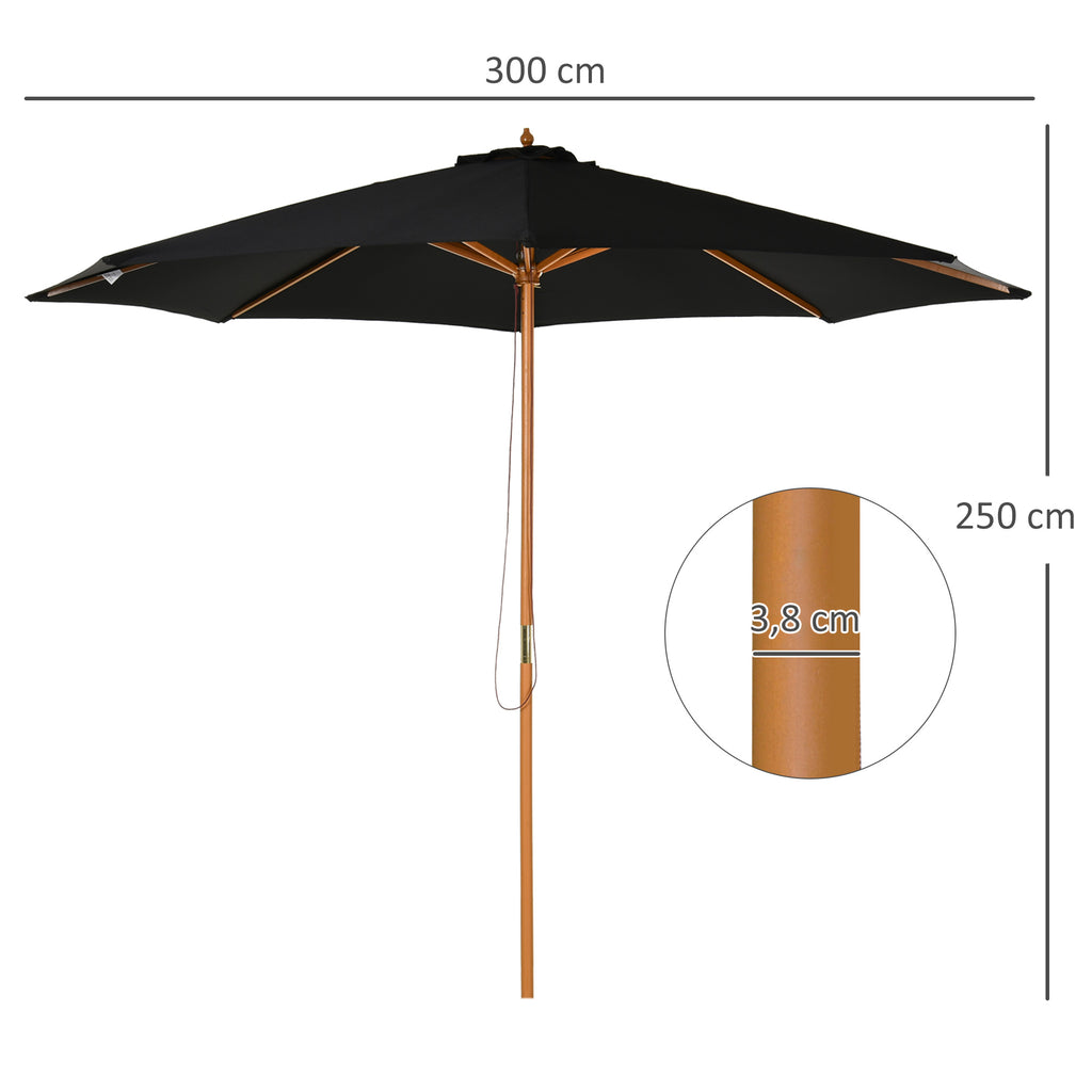 3(m) Garden Parasol, Pulley Operated Patio Umbrella, Wooden Parasol, Table Market Umbrella with Rope Pulley Mechanism and 8 Ribs, Black
