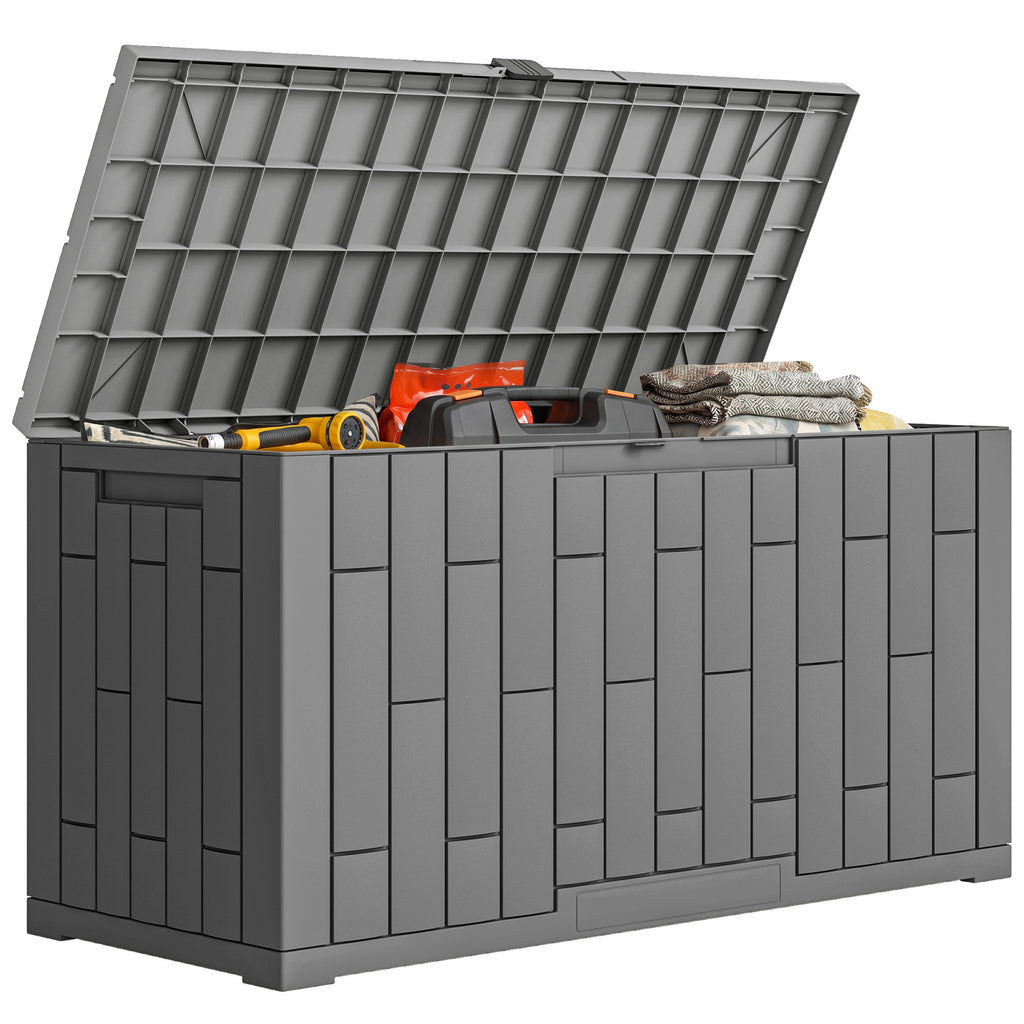 Gartenbox 227 Liter Wasserdicht Abschließbar UV-beständig Auflagenbox mit Holzoptik für Garten 106,5x43x54,5cm Grau