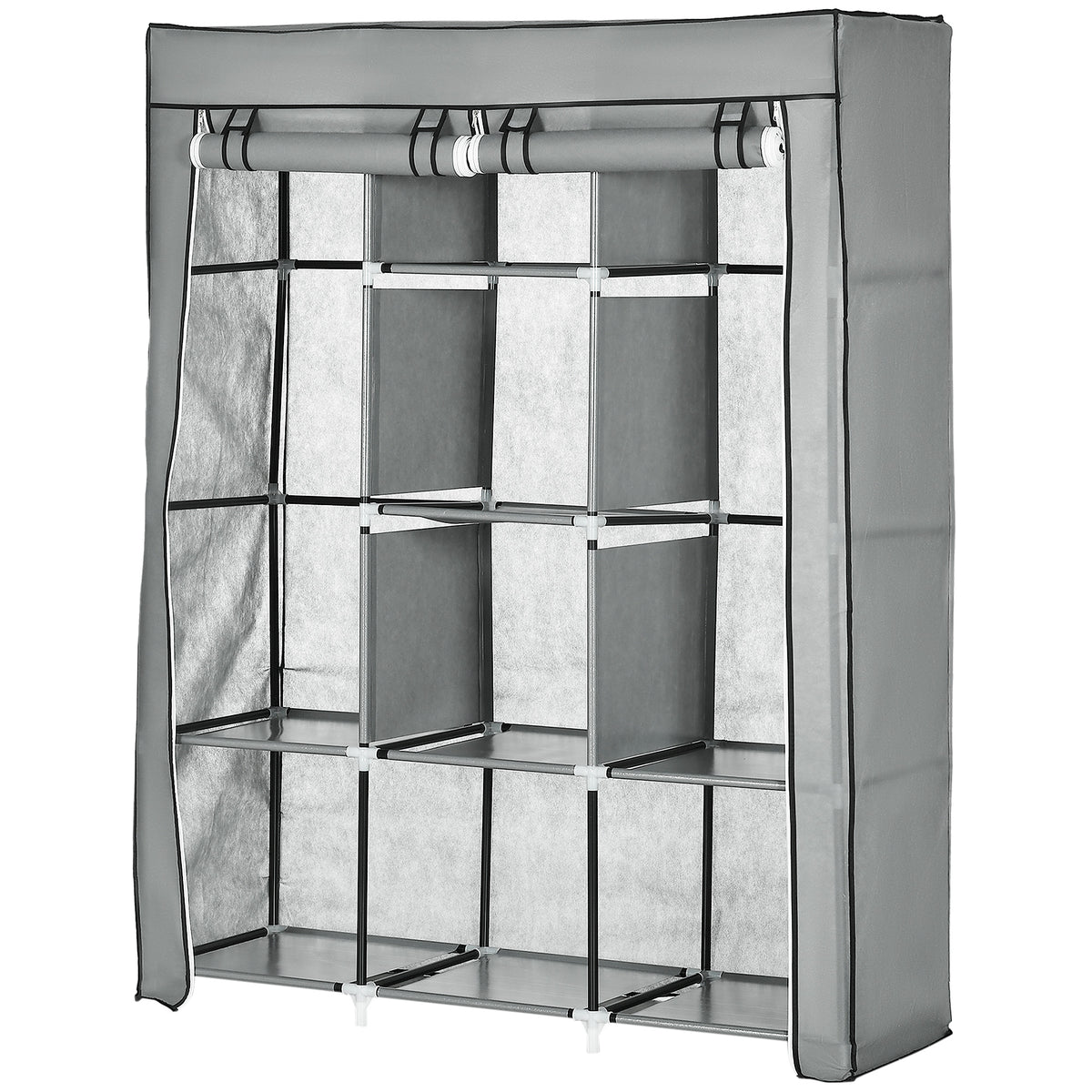 Fabric Wardrobe, with Rails and Shelves - Light Grey