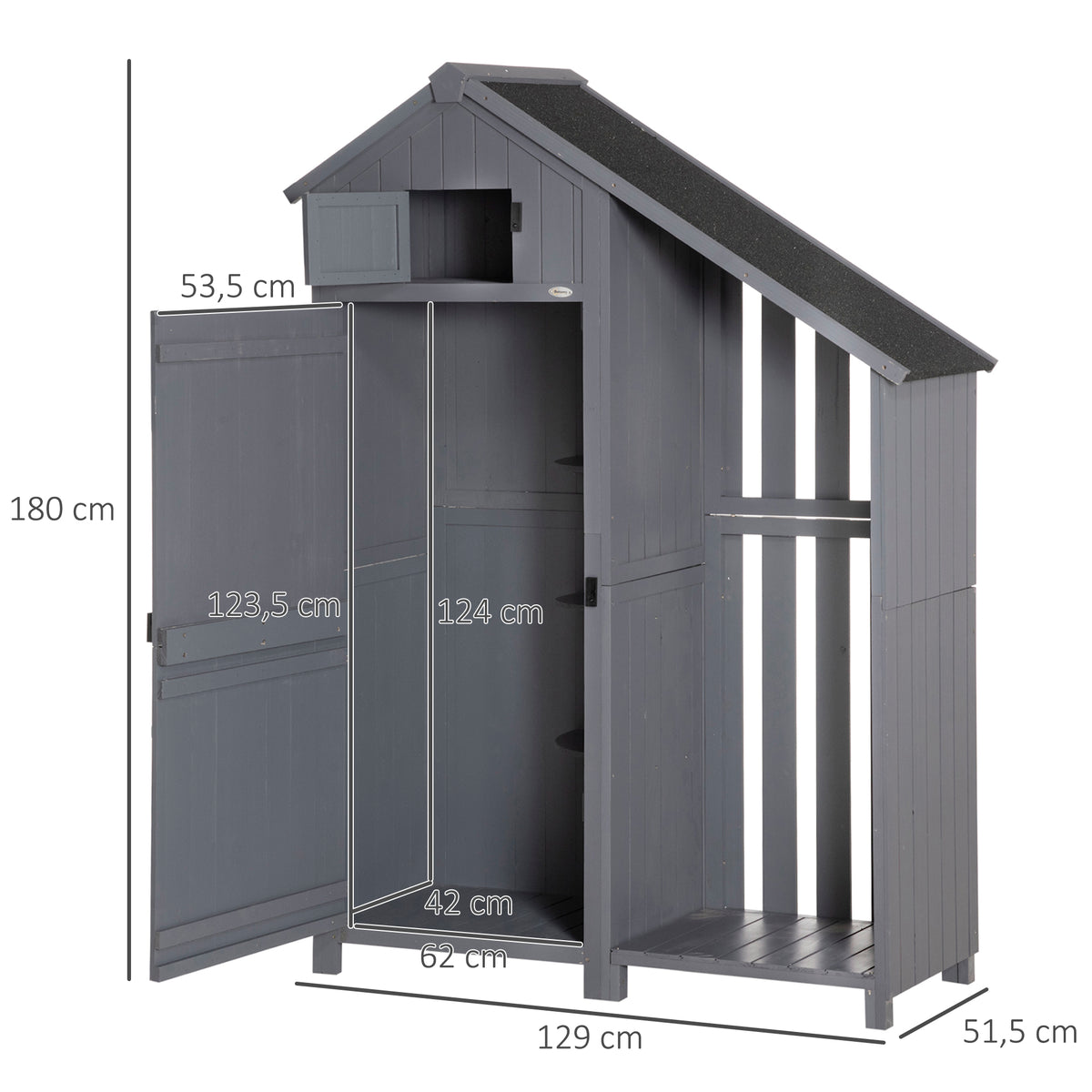  Garden Outdoor Storage Shed Outdoor Tool Shed with 3 Shelves and Tilt Roof, 129x51.5x180cm, Grey