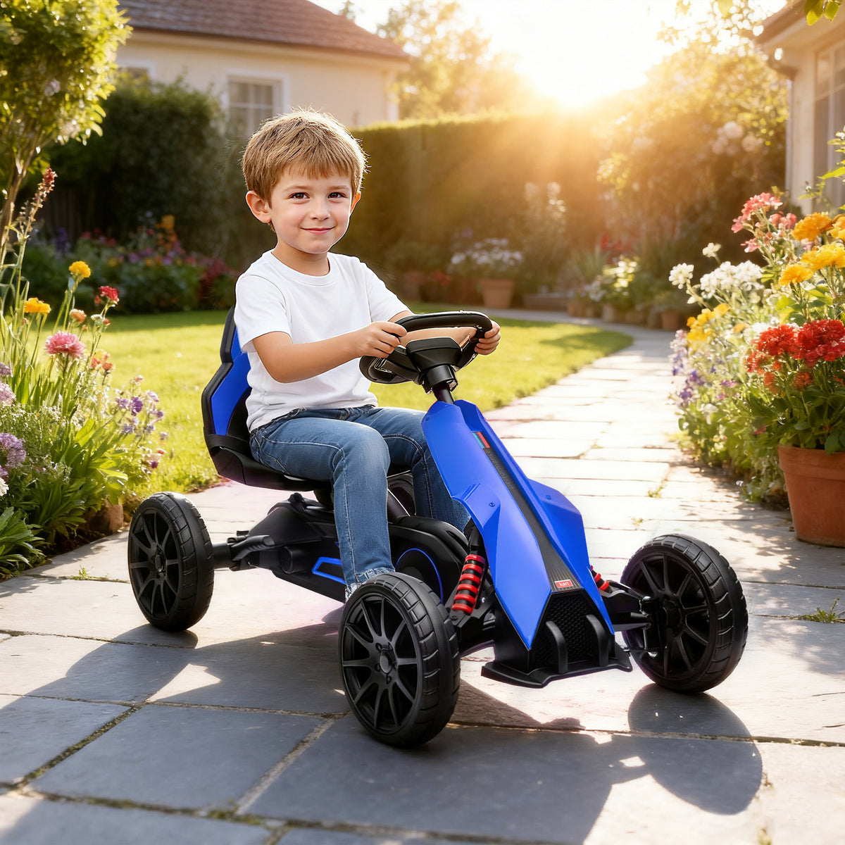 Kids Pedal Go Kart, with Adjustable Seat, EVA Wheels, Seat, Handbrake - Blue