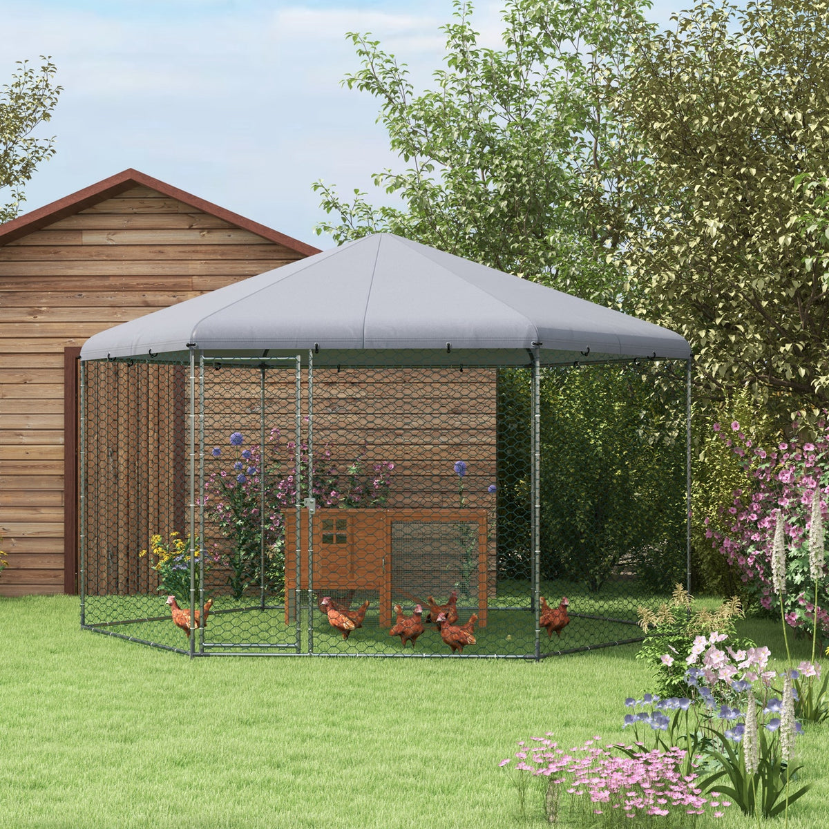 Chicken Coop for 10-15 Chickens, Hens, Rabbits, Ducks, Outdoor Garden Chicken Run, 4 x 3.5 x 2.6m