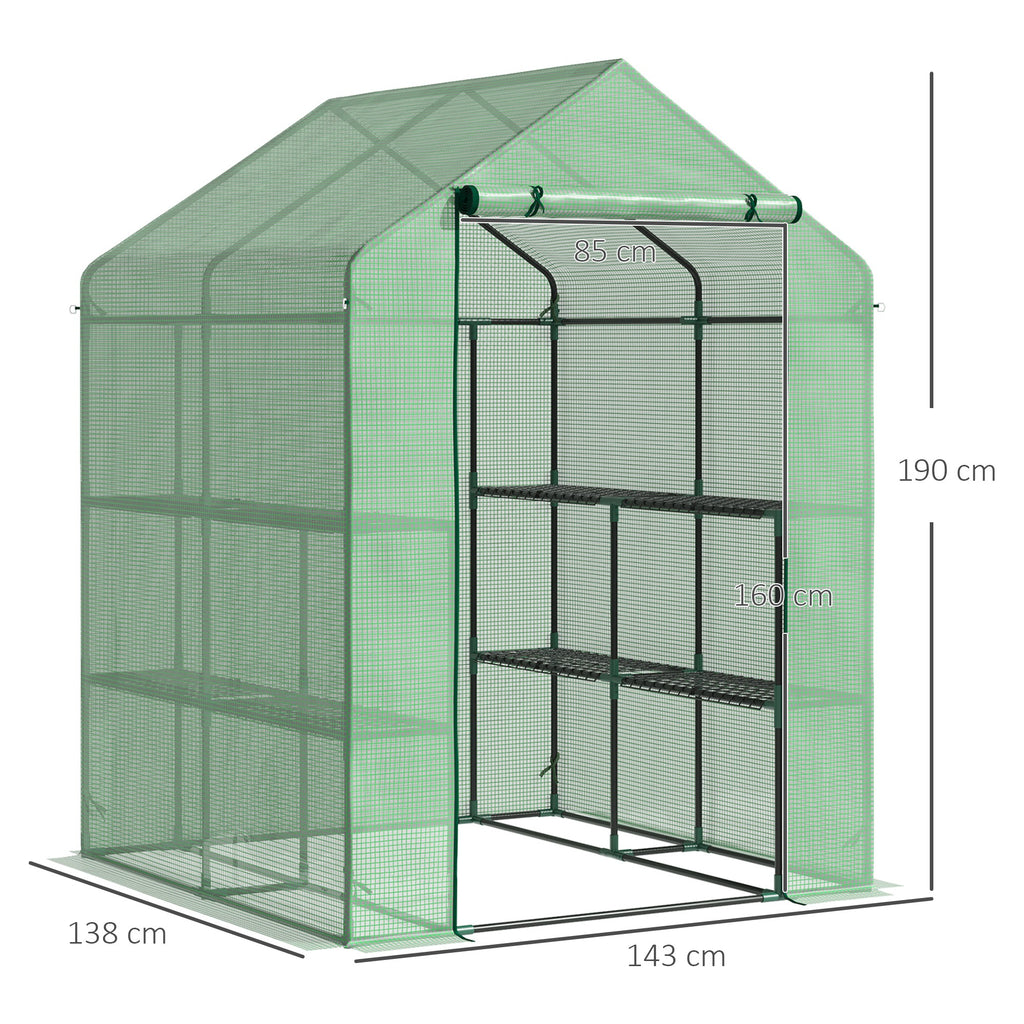Foliengewächshaus begehbares Gewächshaus mit 8 Regalebenen Tomatengewächshaus Treibhaus Frühbeet mit Tür Grün Stahl PE-Kunststoff 143 x 138 x 190 cm