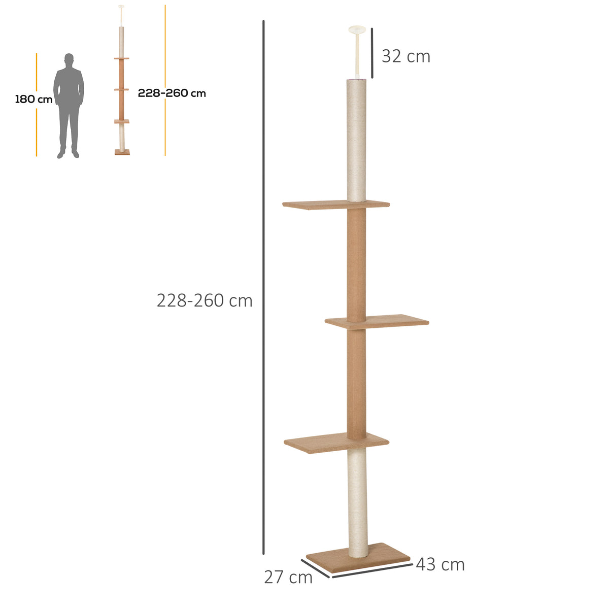 Kratzbaum deckenhoch Höhe 228-260 cm Katzenbaum mit Plattformen mehrstöckiger Katzenkratzbaum Kletterbaum für kleine & große Katzen, Khaki