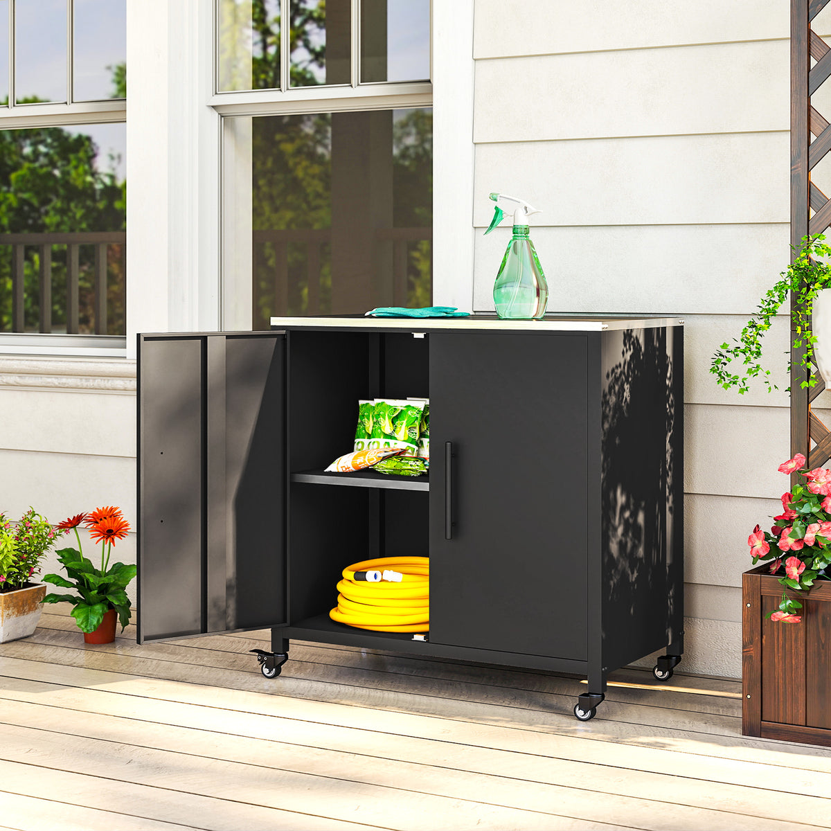 Gartenschrank mit Pflanztisch Geräteschuppen mit Edelstahl Arbeitsplatte abnehmbar Regal magnetisch Doppeltür Rolle