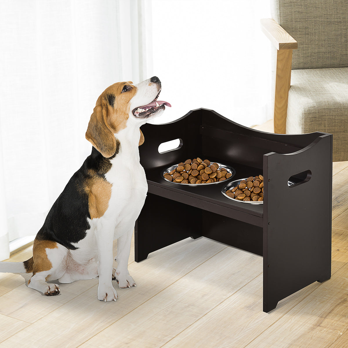  Erhöhter Hundenapf Höhenverstellbar Futternapf mit Ständer Wassernapf 2 x 2L Edelstahlnäpfen Langsamfutternapf verstellbar Fressnapf Futterstation Hundenäpfe für alle Hundegrößen, Kaffee
