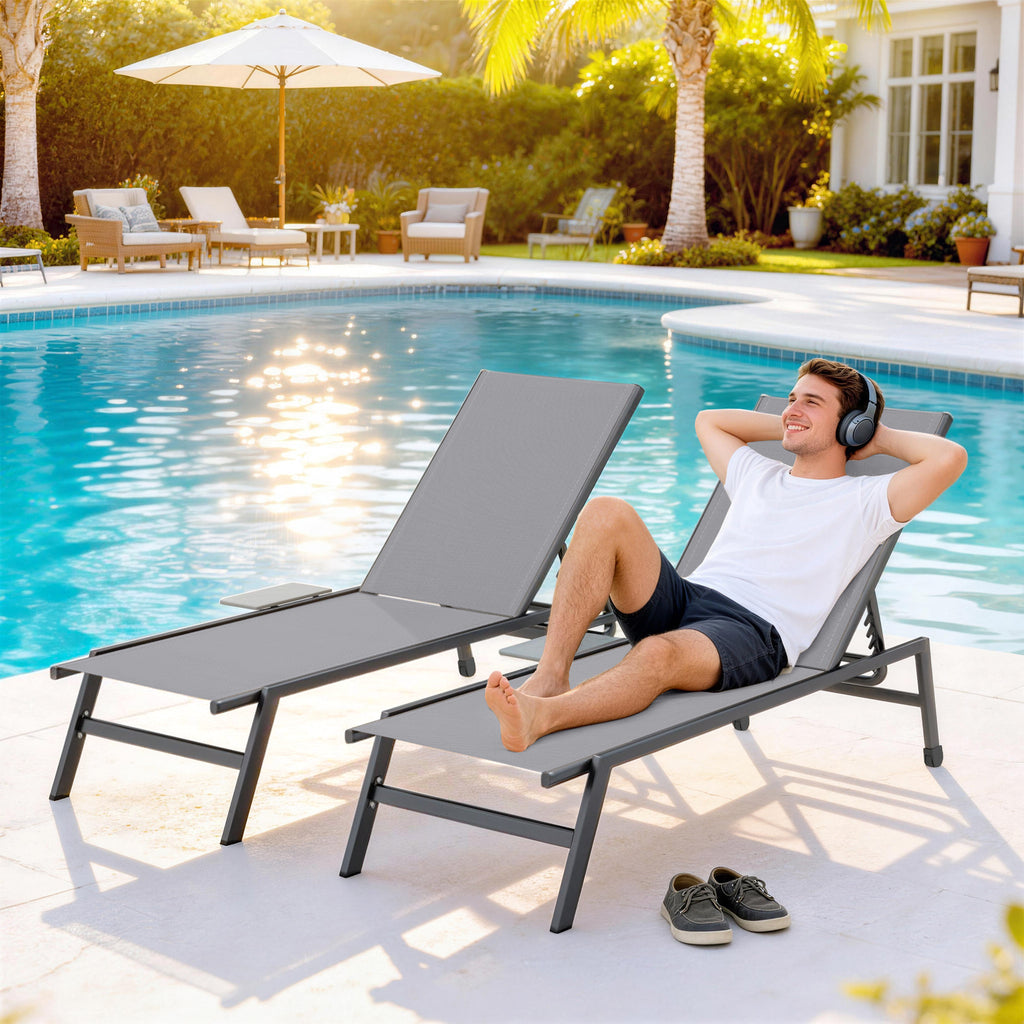 Sun Loungers Set of 2 with Side Tray Table, Garden Recliners with 5-Position Adjustable Backrest, 2 Wheels, Grey