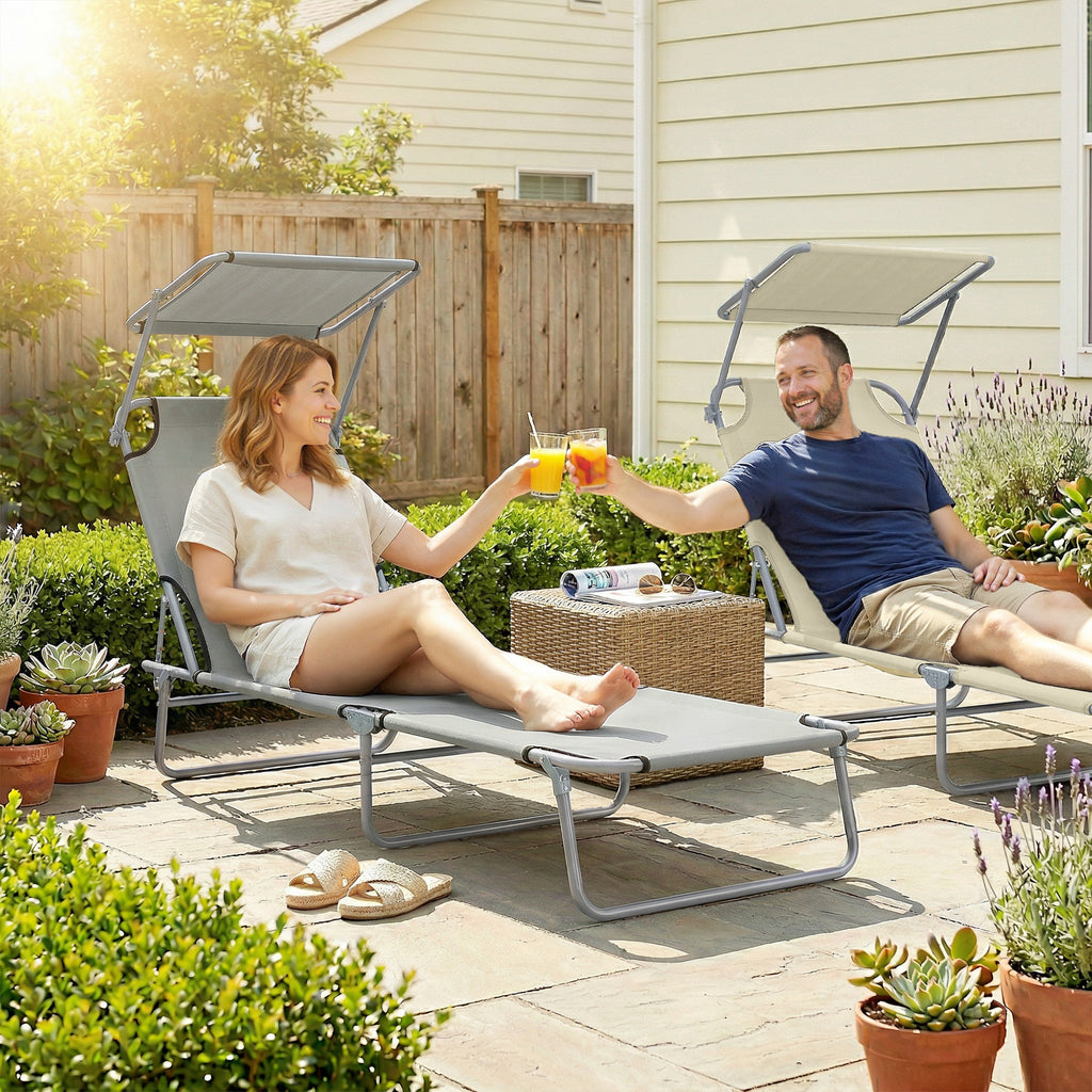Folding Sun Lounger with Canopy, Reclining Sunbed with 4-Position Adjustable Backrest, 600D Oxford Cloth, Portable Garden Lounger Recliner Chair for Beach, Camping, Patio, Light Grey