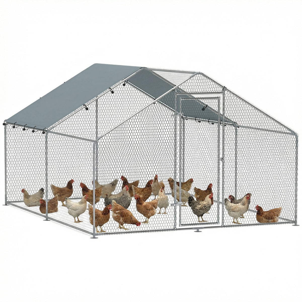 Hühnerstall mit UV-beständigem wasserdichtem Tuch, Sicherheitsschloss, für 10-15 Hühner, Stahl, 3 x 3,4 x 1,9 m, Silber