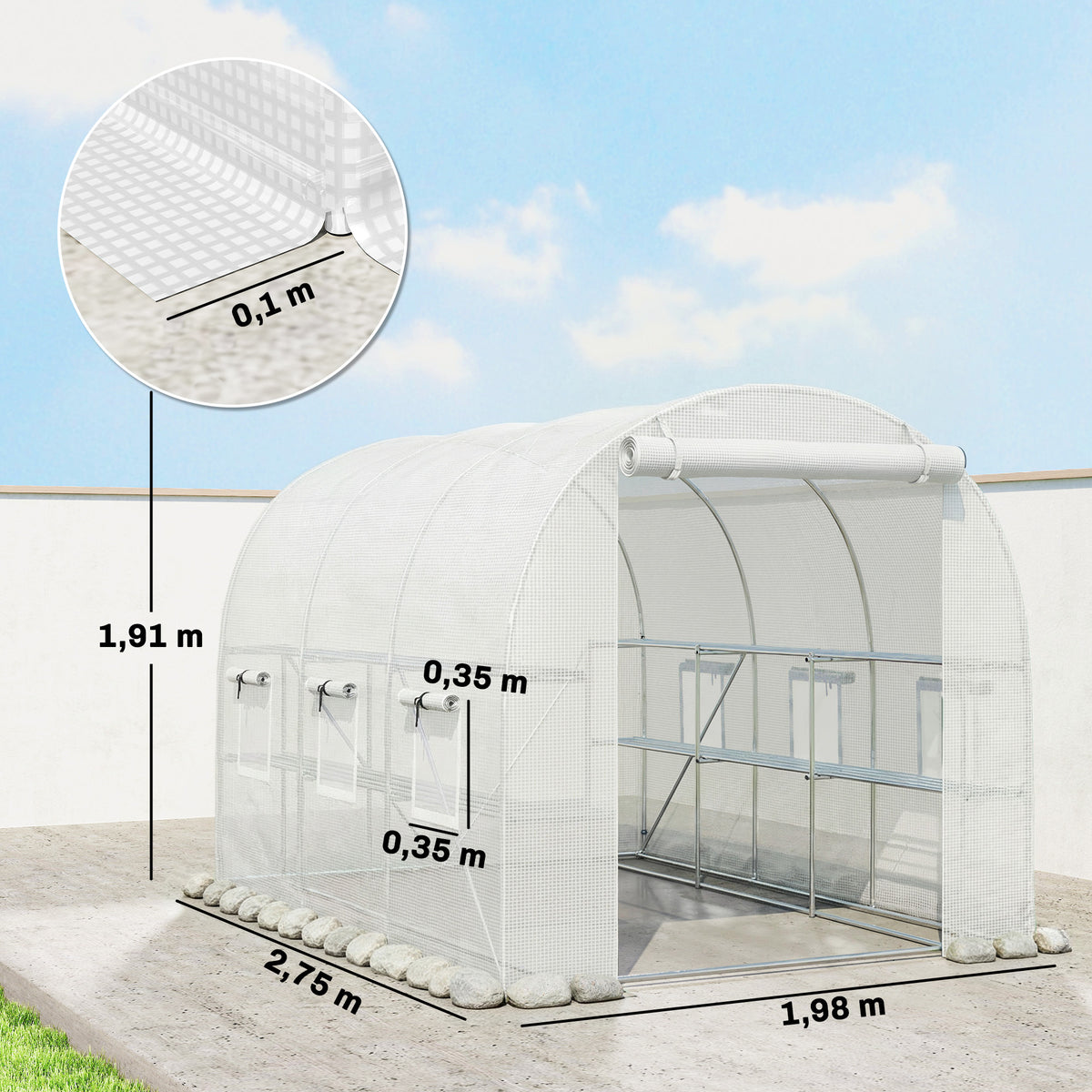 Gewächshaus ca. 2,7 x 2 x 2 m Foliengewächshaus mit Regalen Rollbar Reißverschlusstür 6 Netzfenster Stützstangen