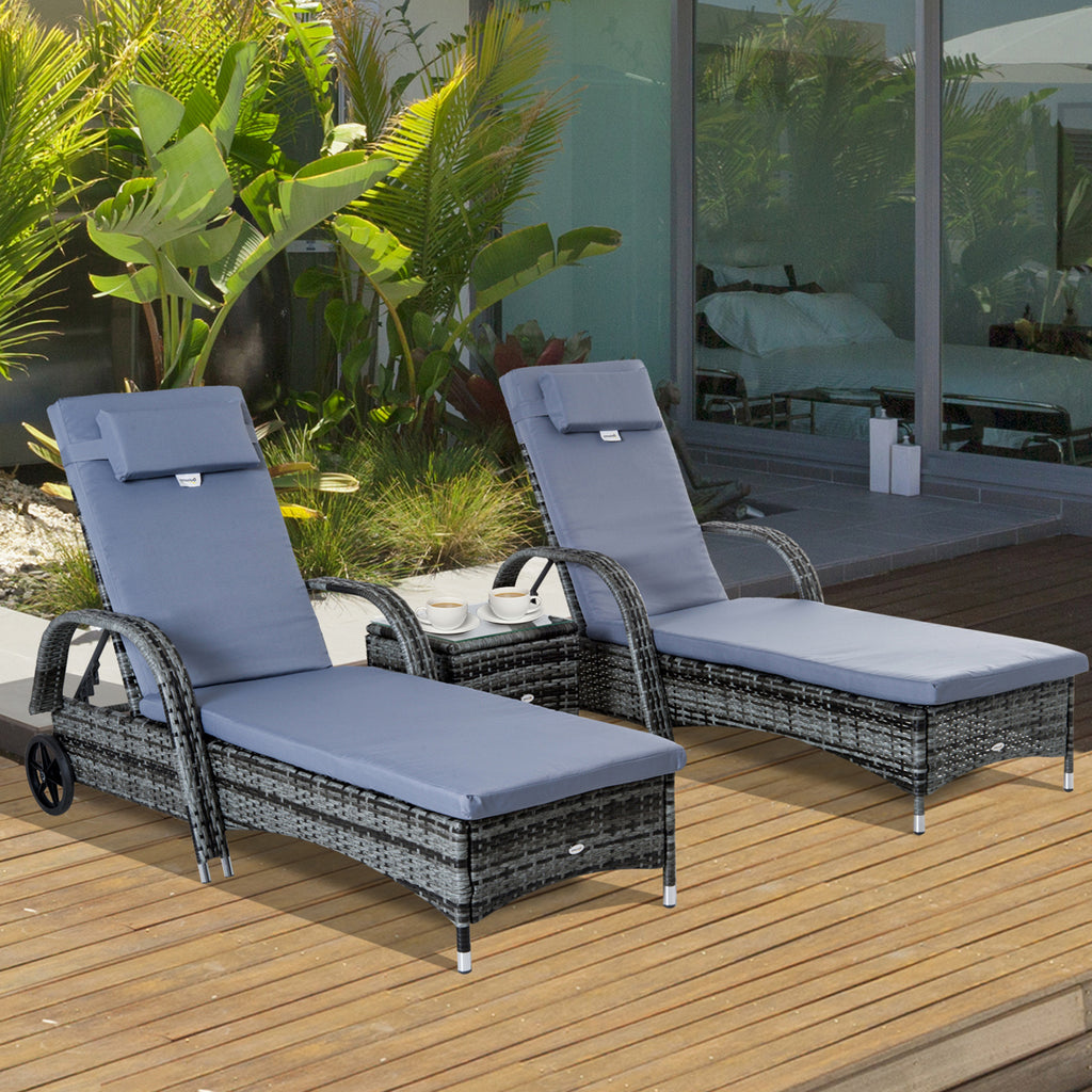 Sonnenliege Gartenliege Tisch 3er-Set Gartenmöbel, Polyrattan+Metall Grau