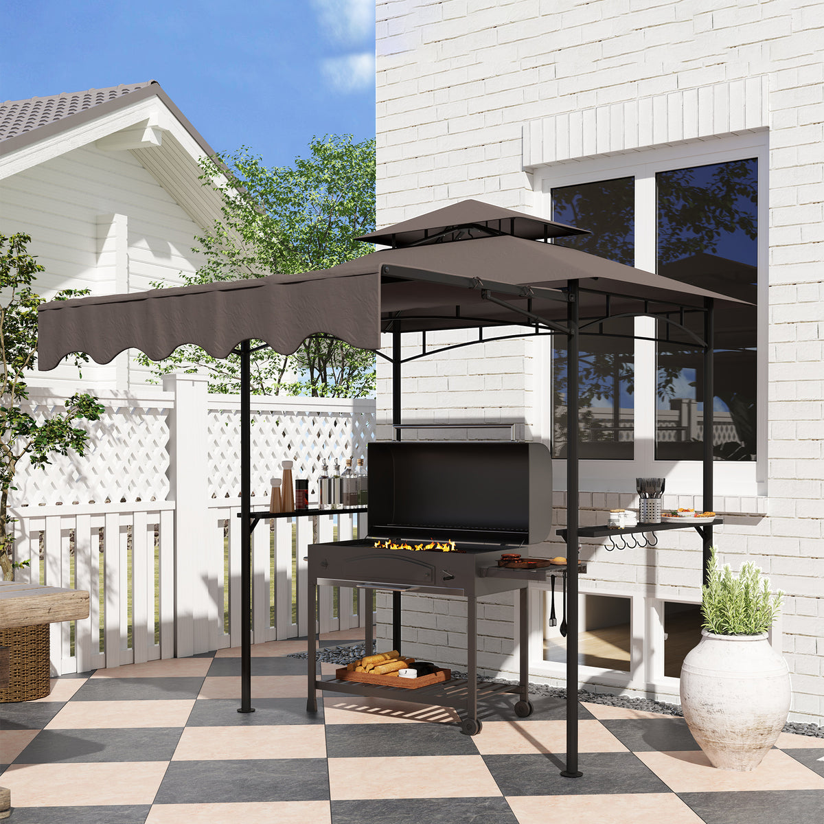 Grillpavillon 242x232x248 cm wasserabweisend flammhemmend Gartenpavillon mit Doppelschichtdach Kaffee