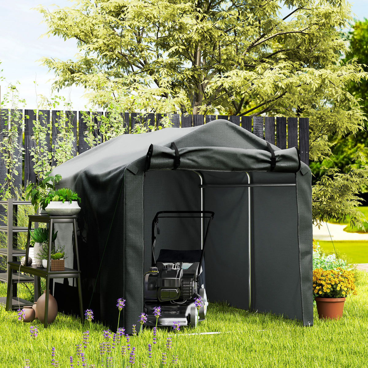 2.2 x 1.6 m Garden Storage Tent, Waterproof Anti-UV Bike Tent with Roll-up Zipper Door, Galvanised Outdoor Storage Shelter Carport for Bike, Motorbike, Garden Tools, Dark Grey