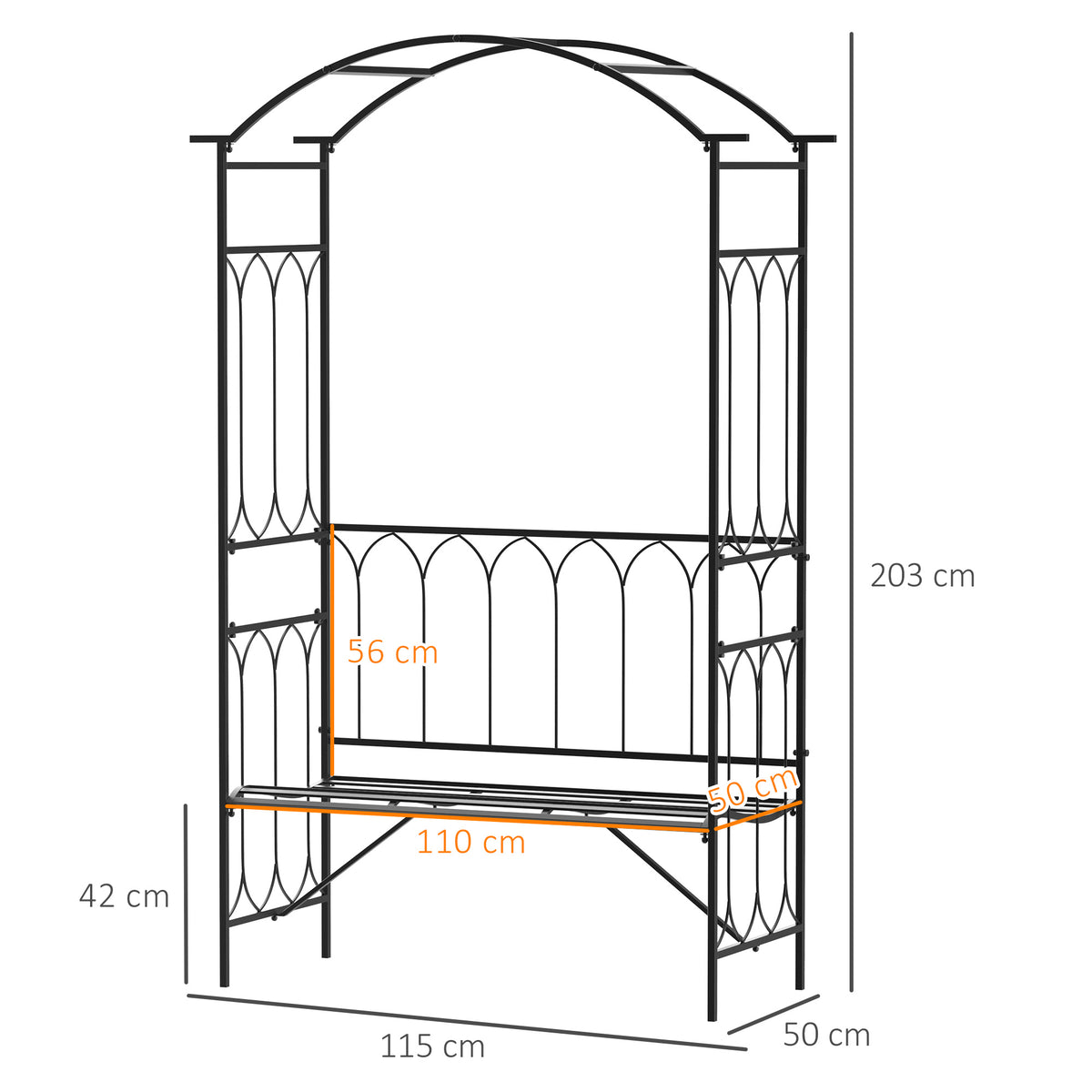 Garden Metal Frame Bench W/Arch for Various Climbing Plant, 115Lx50Wx203H cm-Black